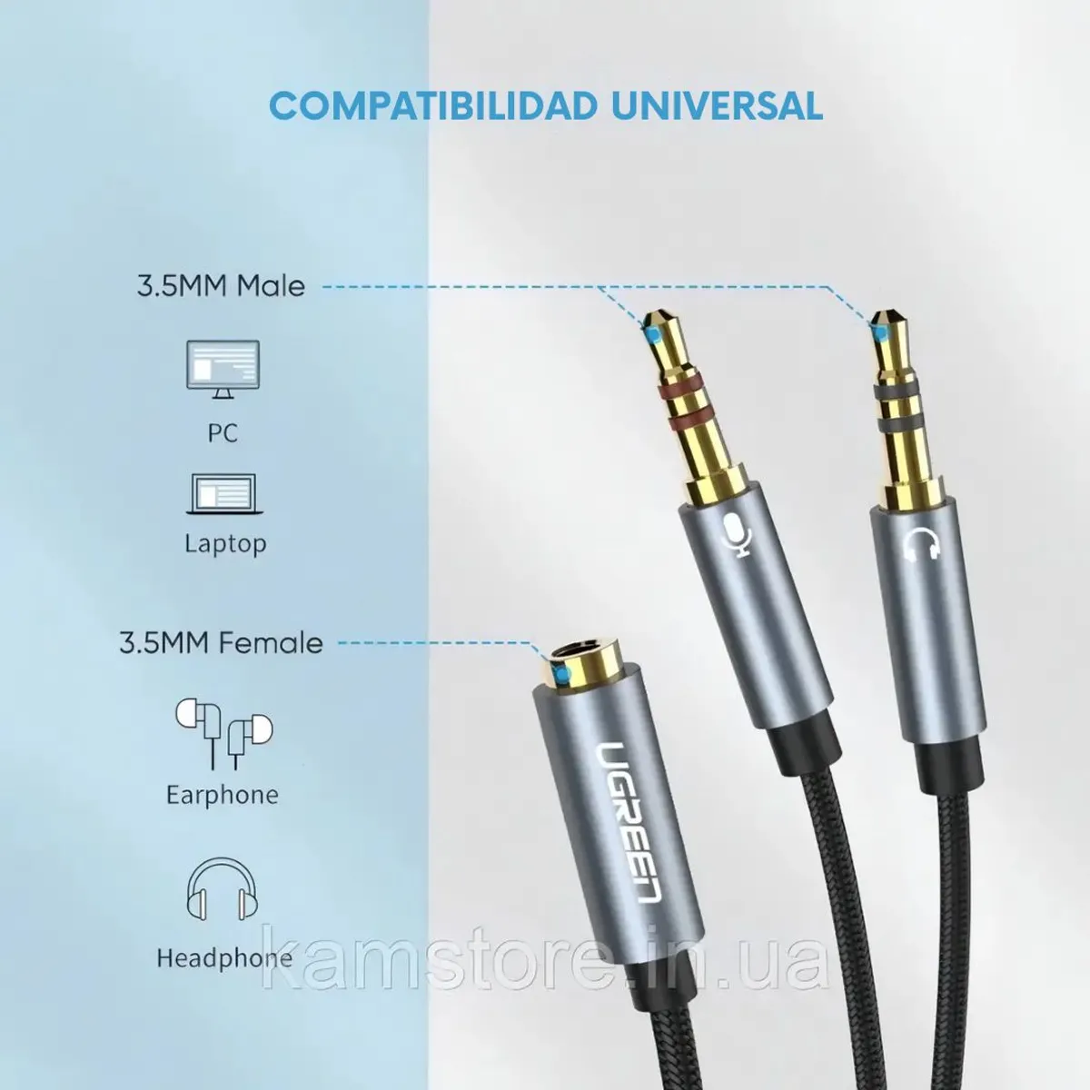 ADAPTADOR DE AUDIO UGREEN AV140 3.5 MM TRRS A DOBLE 3.5 MM TRS PARA AUDÍFONOS Y MICRÓFONO - 7