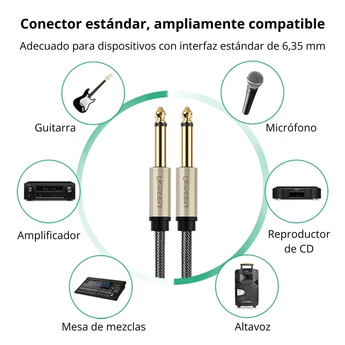 CABLE DE AUDIO UGREEN AV128 6.35 MM TRS MACHO A MACHO HIFI 3 METROS PARA AMPLIFICADOR Y MEZCLADORA - 3