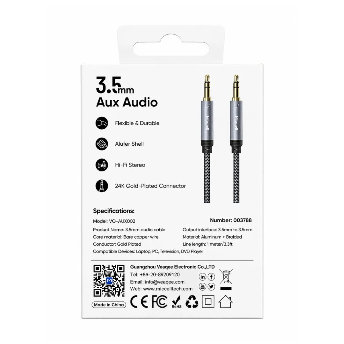 CABLE AUXILIAR MICCELL JACK 3.5MM A 3.5MM HI-FI TRENZADO CON CONECTORES DORADOS DE 1 METRO - 3