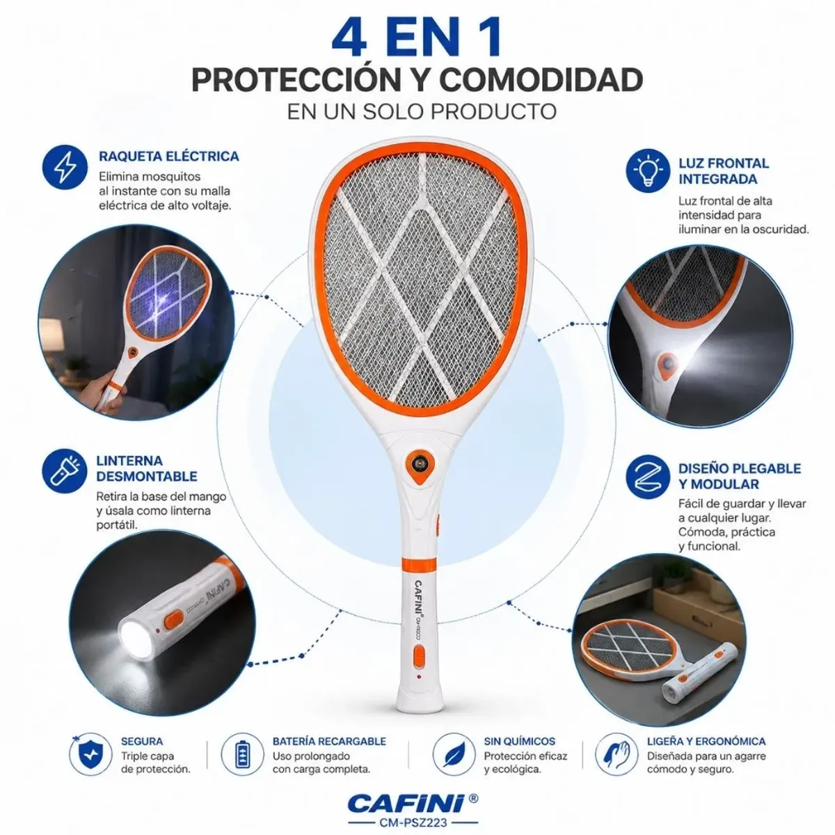 RAQUETA ELÉCTRICA MATA MOSQUITOS CAFINI CN-P9212 RECARGABLE CON LINTERNA LED - 5