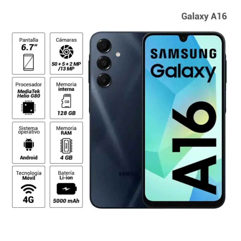 CELULAR SAMSUNG GALAXY A16 4G 128GB, 4GB RAM, CÁMARA TRASERA 50MP Y FRONTAL 13MP, 6.7', NEGRO - 3