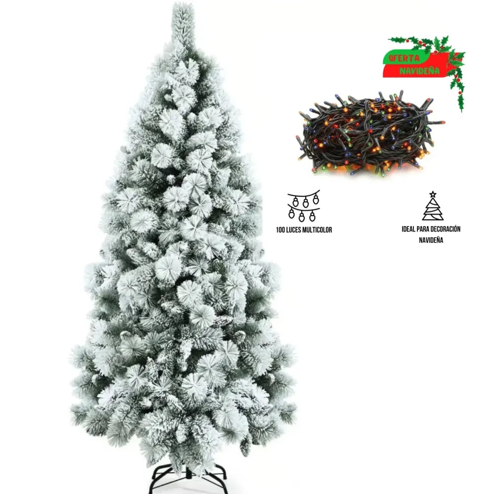 ARBOL DE NAVIDAD 1.80 METROS / VERDE CON NIEVE + 100 LUCES MULTICOLOR - 1