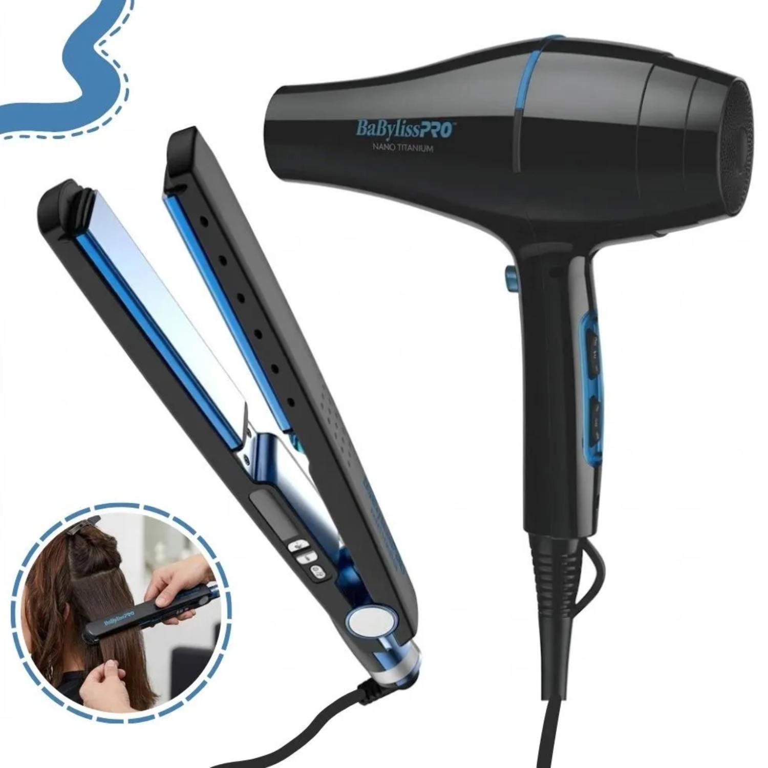 COMBO BABYLISSPRO EDICION ILIMITADA PLANCHA BLUE BLACK + SECADOR NANO BLUE  BBLPP4PE - 1