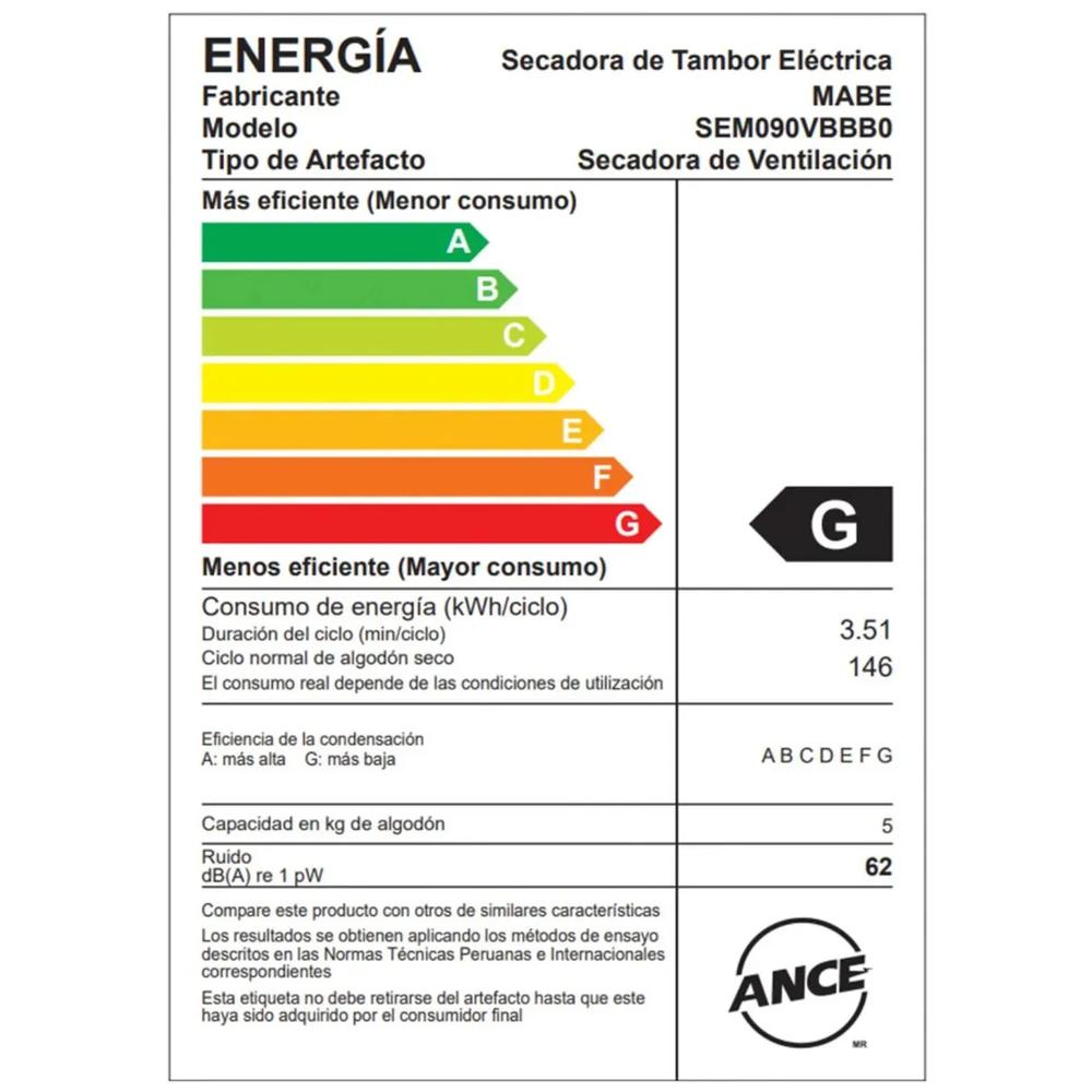 SECADORA ELÉCTRICA CARGA FRONTAL 9KG BLANCA MABE SEM090VBBB0Z - 5
