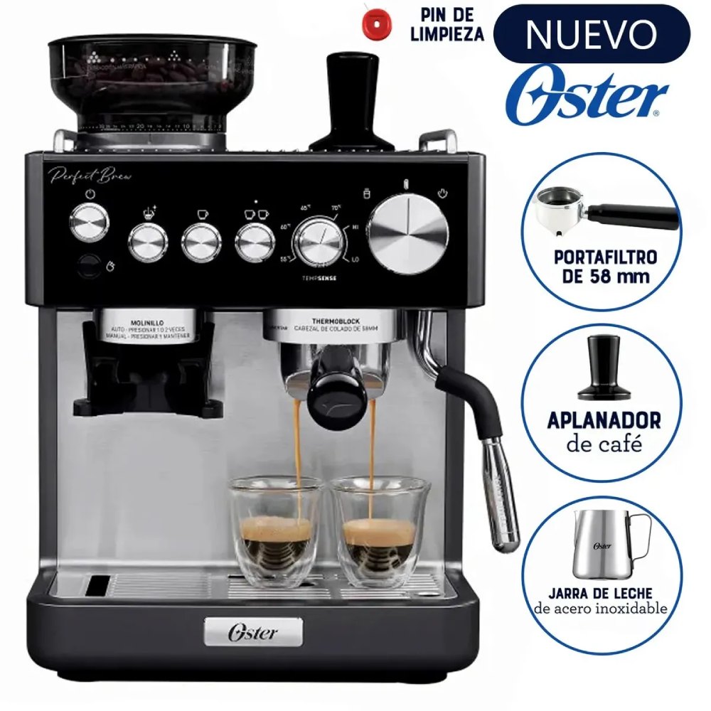 OSTER CAFETERA ESPRESSO PERFECT BREW CON MOLINILLO DE MUELAS, TUBO DE VAPOR Y PORTAFILTRO 58 MM, BVSTEM7301 - 1
