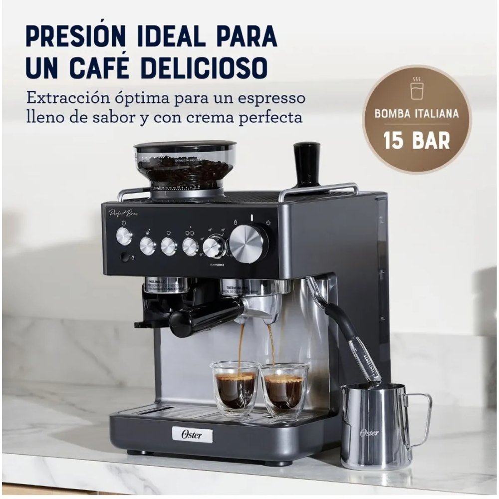 OSTER CAFETERA ESPRESSO PERFECT BREW CON MOLINILLO DE MUELAS, TUBO DE VAPOR Y PORTAFILTRO 58 MM, BVSTEM7301 - 3