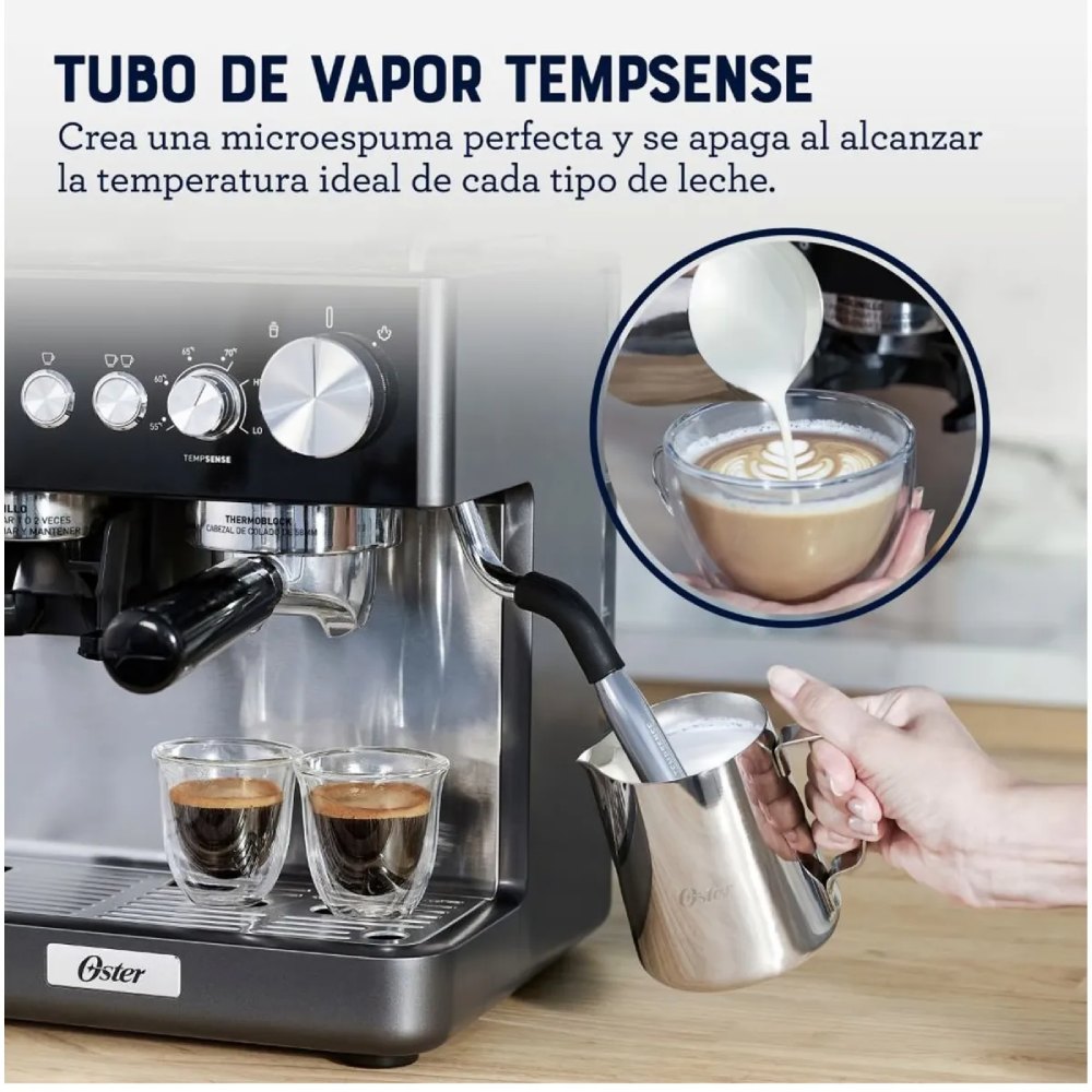 OSTER CAFETERA ESPRESSO PERFECT BREW CON MOLINILLO DE MUELAS, TUBO DE VAPOR Y PORTAFILTRO 58 MM, BVSTEM7301 - 4