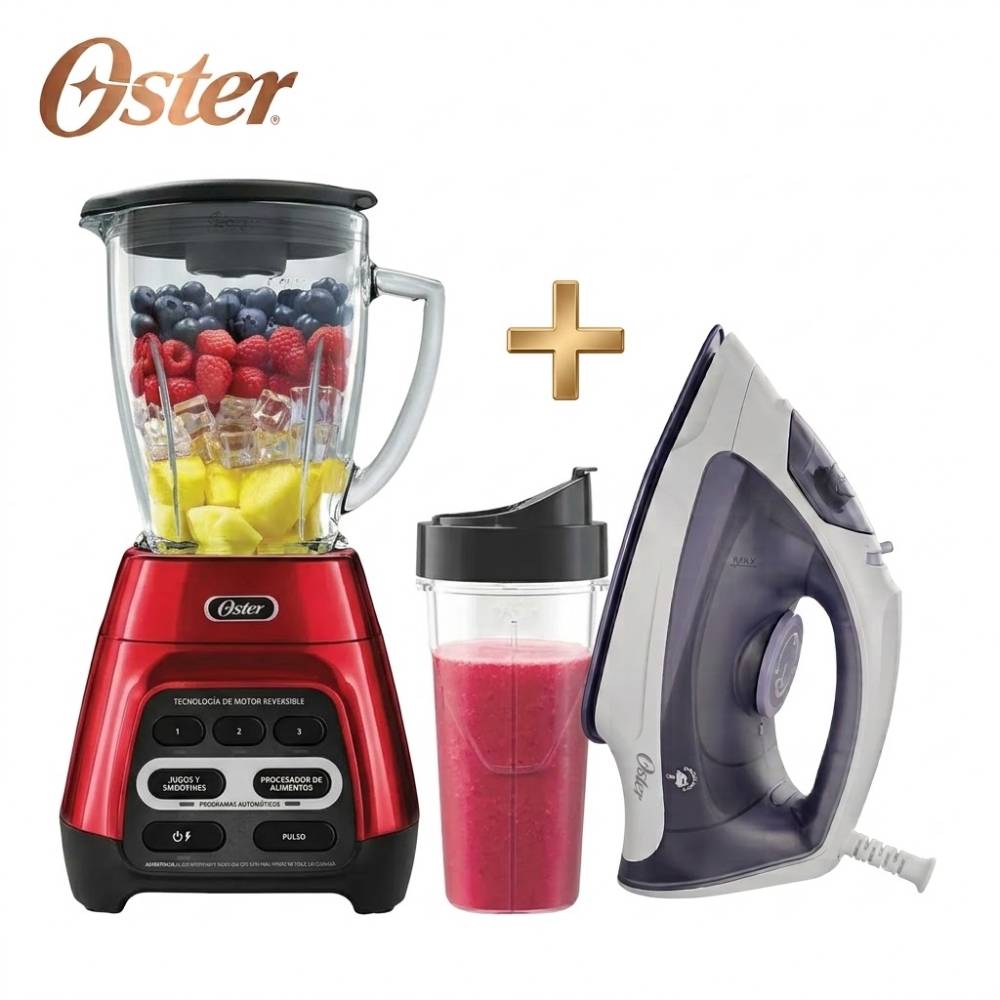 COMBO OSTER LICUADORA BLSTPYG1310RBG CON VASO BLEND N GO + PLANCHA DE VAPOR LIGERA GCSTBS3802 - 1