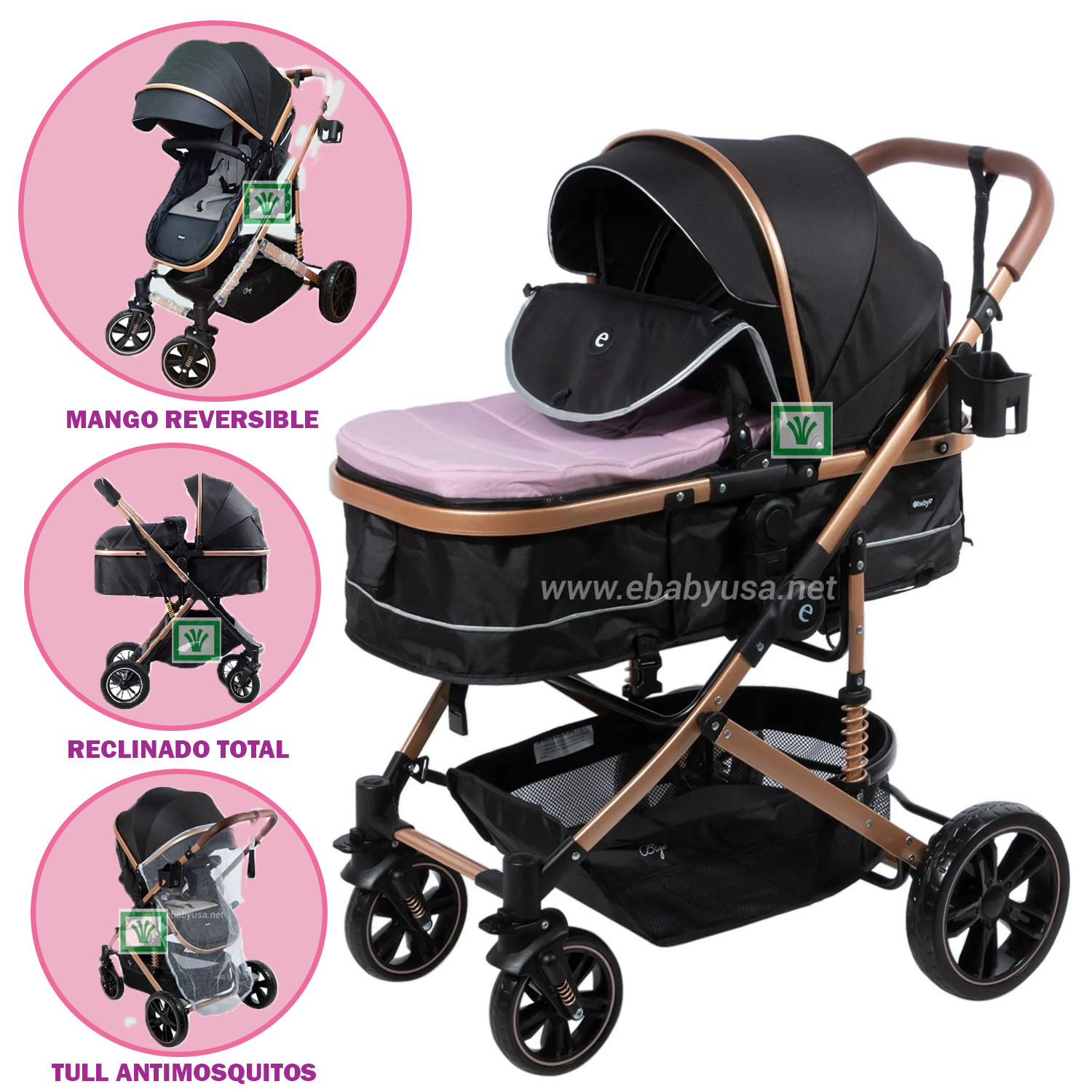 NUEVO COCHE MOISES PARA BEBE BIGI CON MANGO REVERSIBLE ROSADO - 1