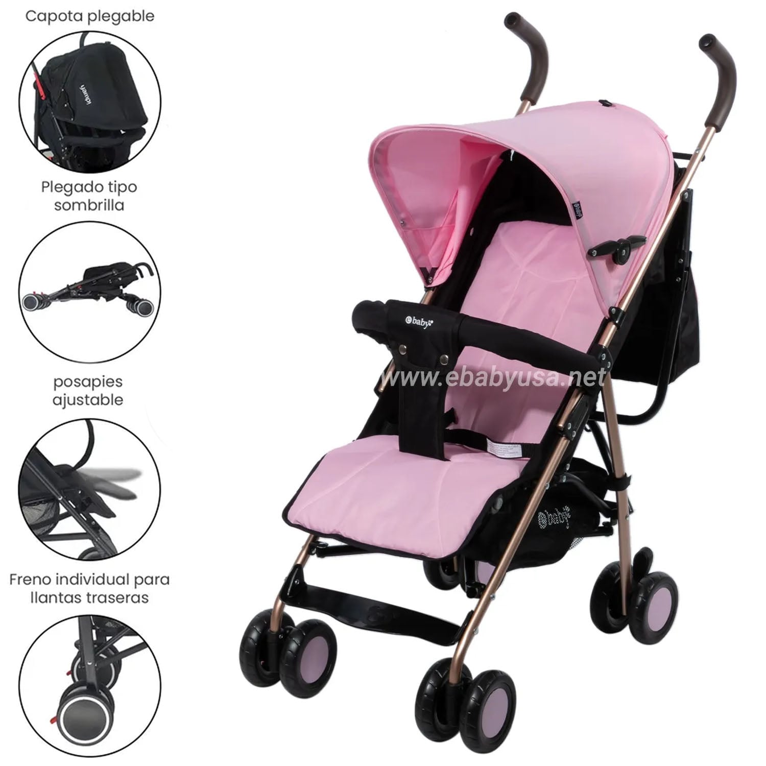 COCHE BASTÓN RECLINABLE EBABY ZAZU EB217-1 ROSADO - 1