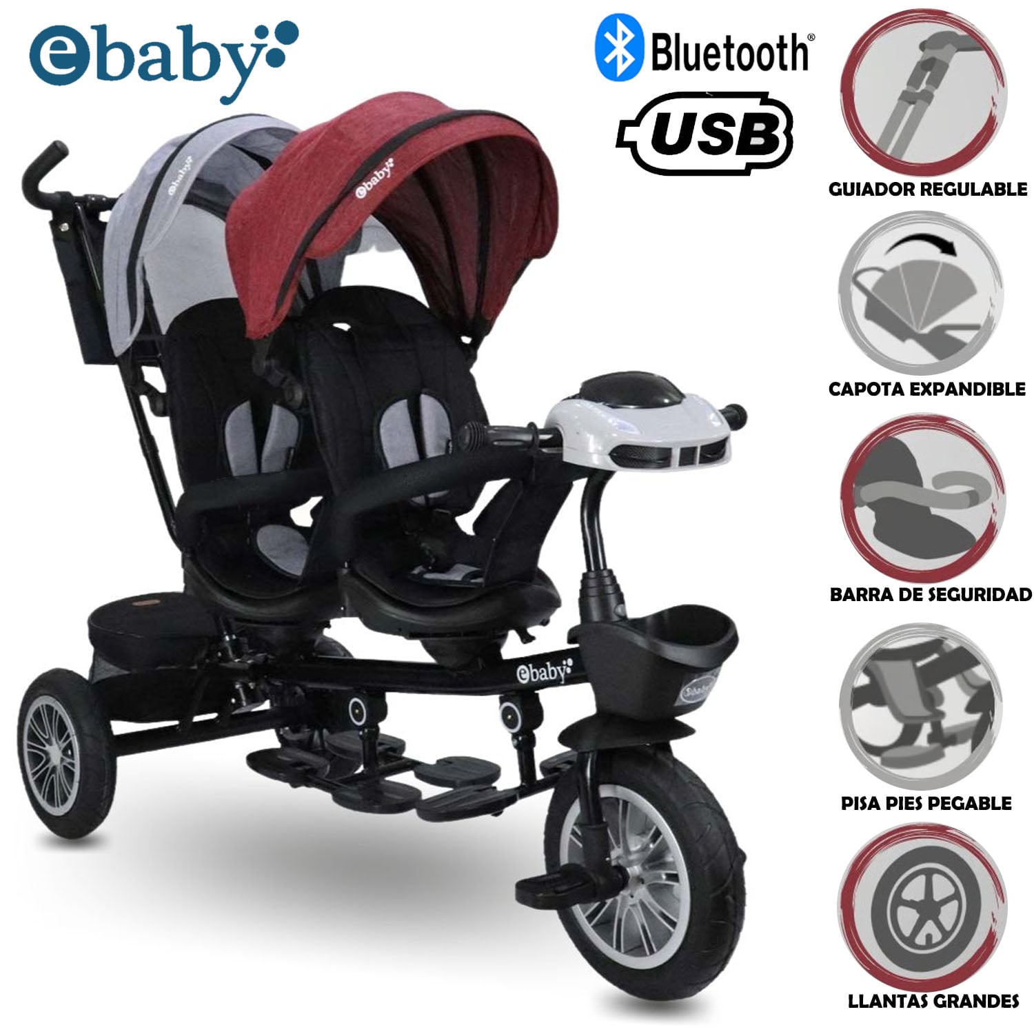 TRICICLO GUIADOR EBABY GEMELAR REDGRAY - 1