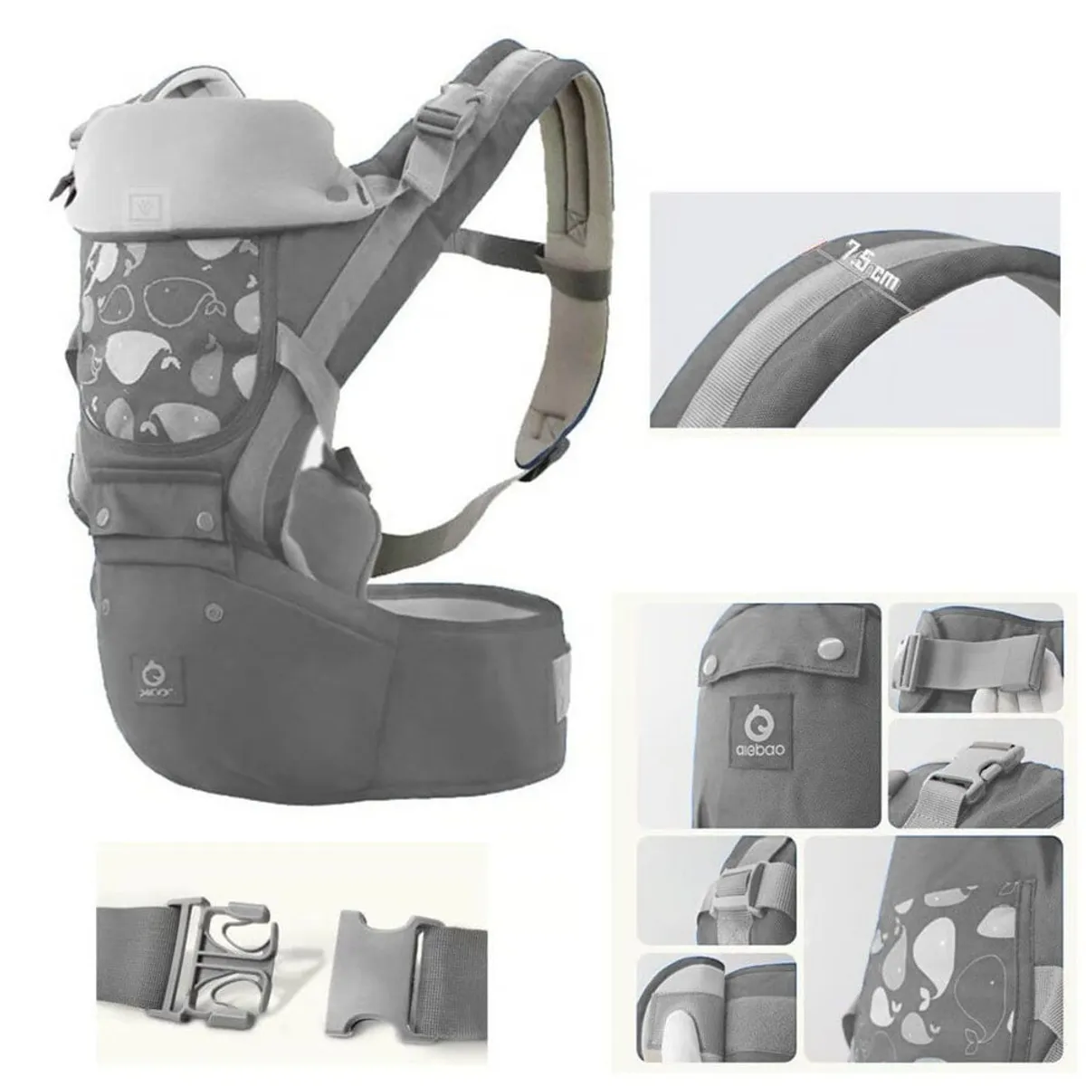 CANGURO PARA BEBÉ ERGONÓMICO BALLENA 3 EN 1 GRIS - 3