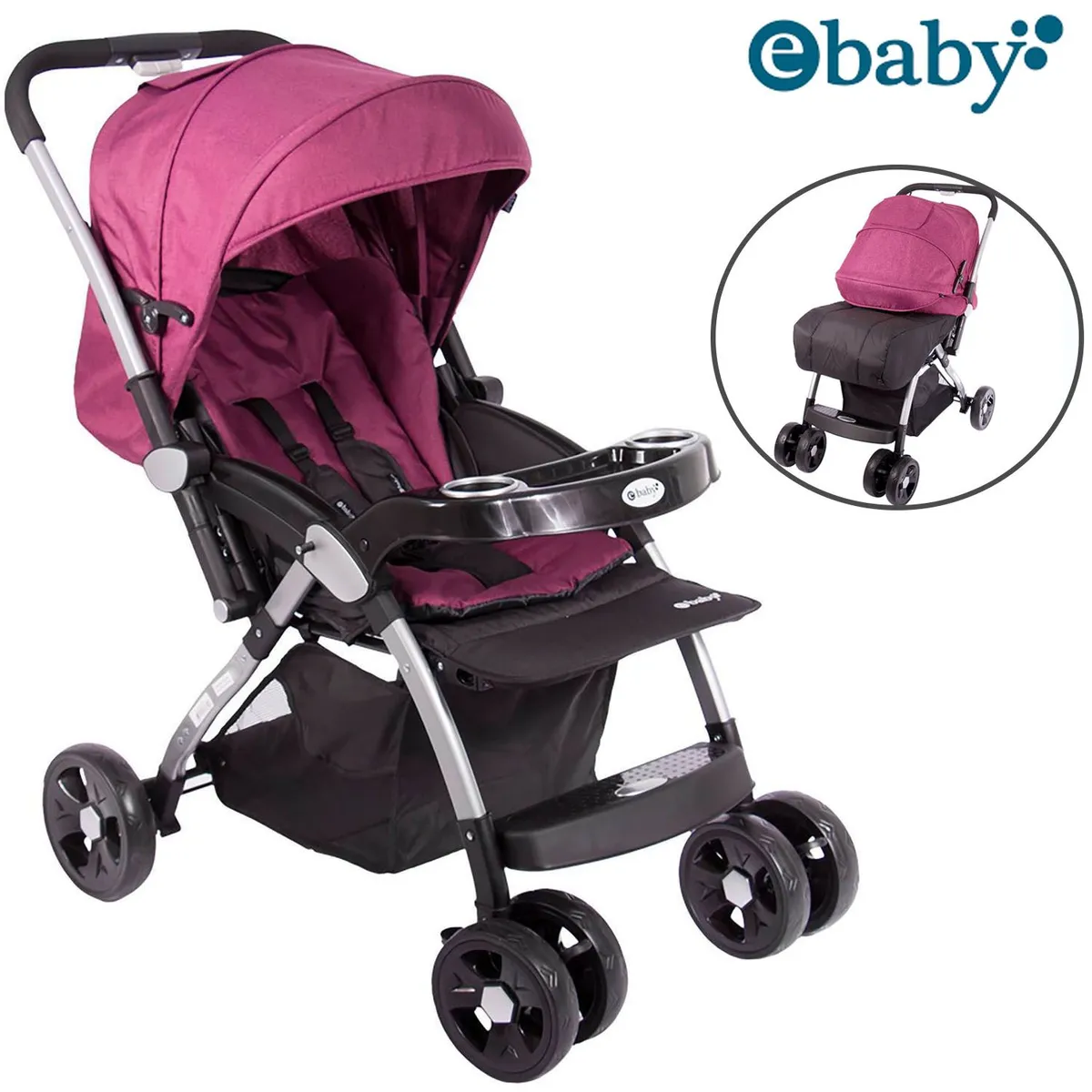 COCHE DE PASEO EBABY KUPER MANGO REVERSIBLE ROSADO - 1