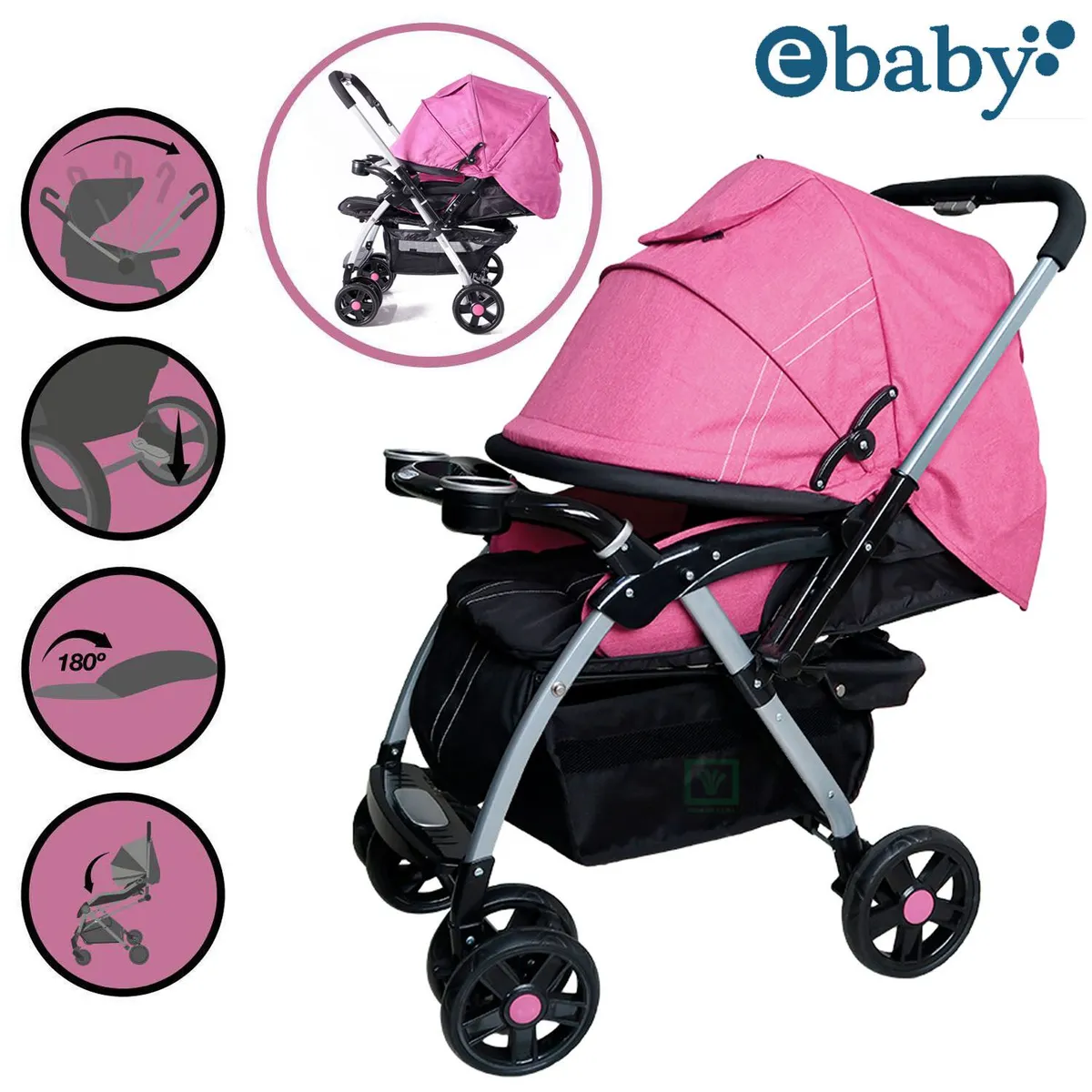 COCHE CUNA EBABY «ROSSI» ROSADO - 1