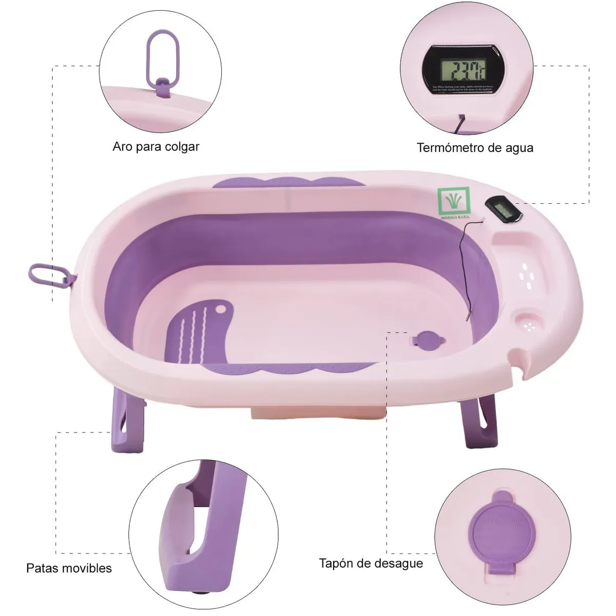 BAÑERA TINA DE BAÑO PLEGABLE BALLENITA CON TERMÓMETRO MORADO - 7