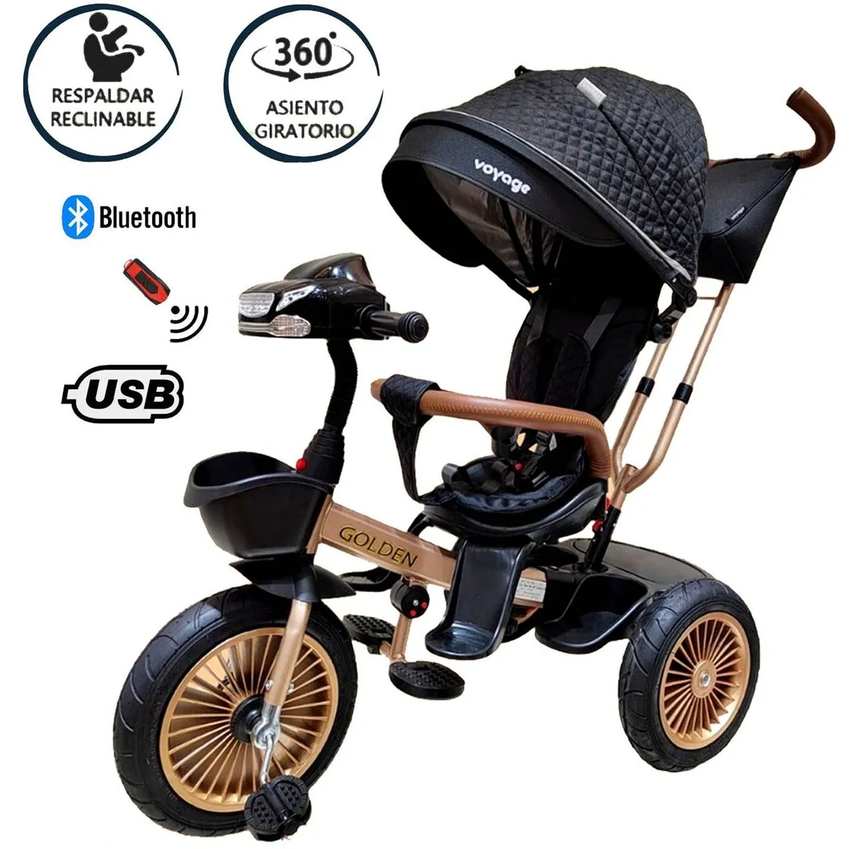 TRICICLO ASIENTO GIRATORIO VOYAGE GOLDEN CON TELA UV NEGRO - 1