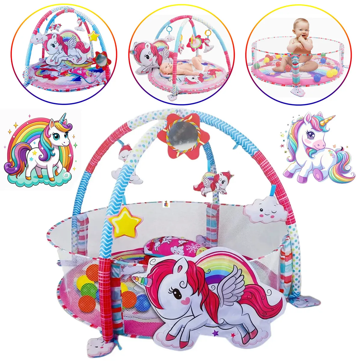 GIMNASIO 3 EN 1 PARA BEBÉS UNICORNIO CON PELOTAS - 1