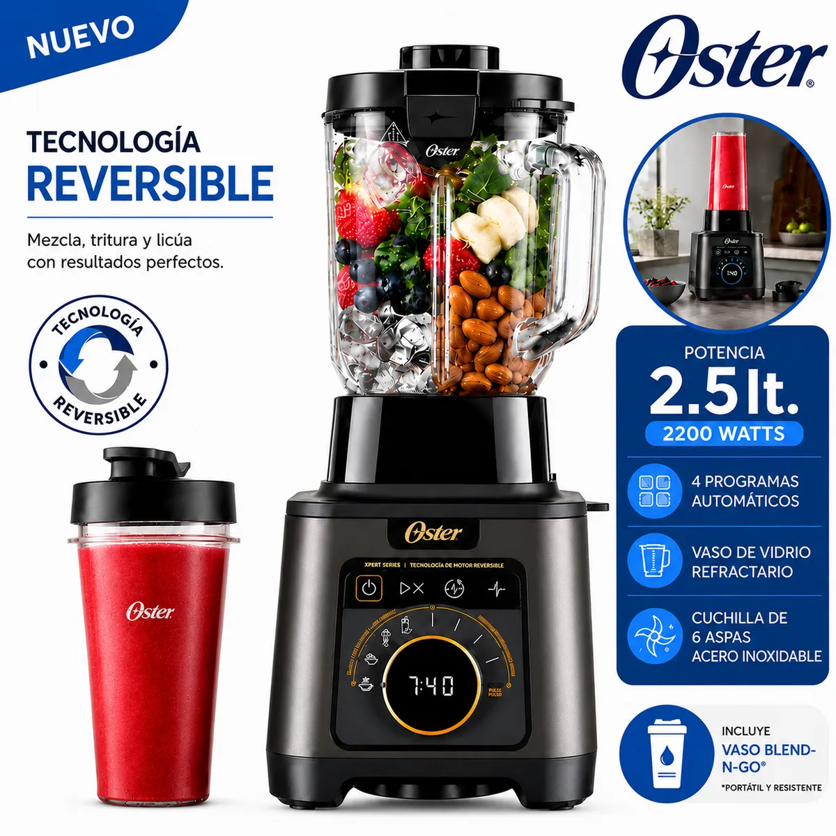LICUADORA PROFESIONAL TITAN OSTER DE 2200 W CON 4 PROGRAMAS, 5 VELOCIDADES BLSTXT-XG - 1