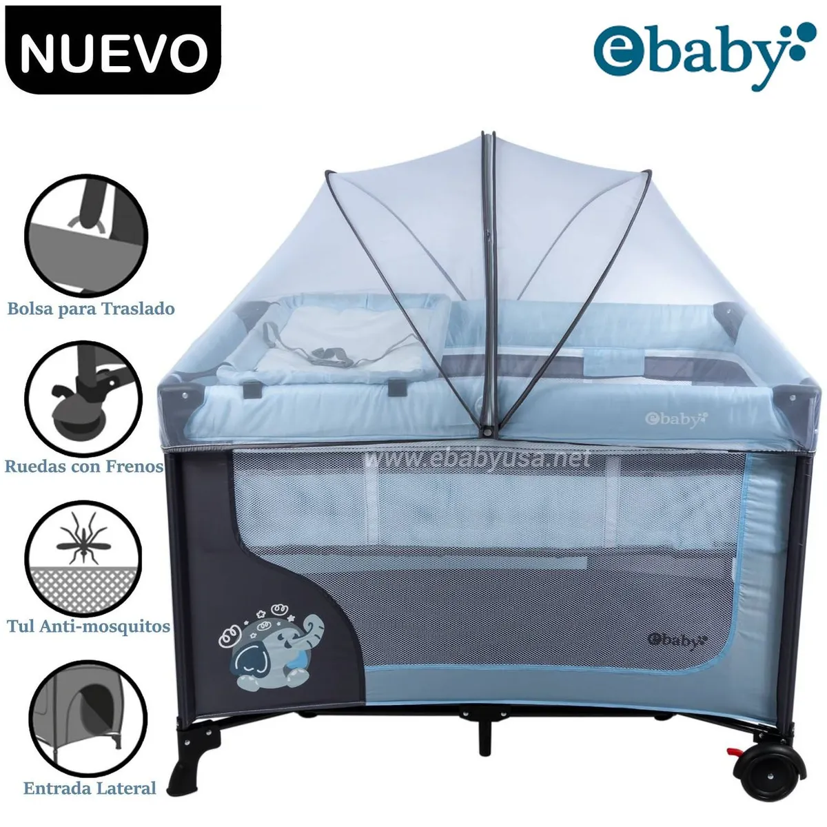 CUNA CORRAL EBABY CON CAMBIADOR HAPPY DREAM CELESTE - 1