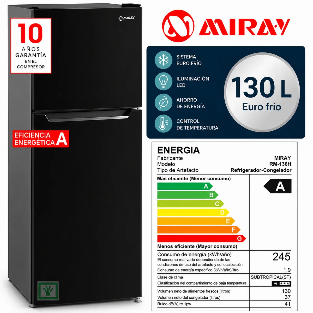 REFRIGERADORA MIRAY RM-136H EUROFRÍO 130L SILVER - 1