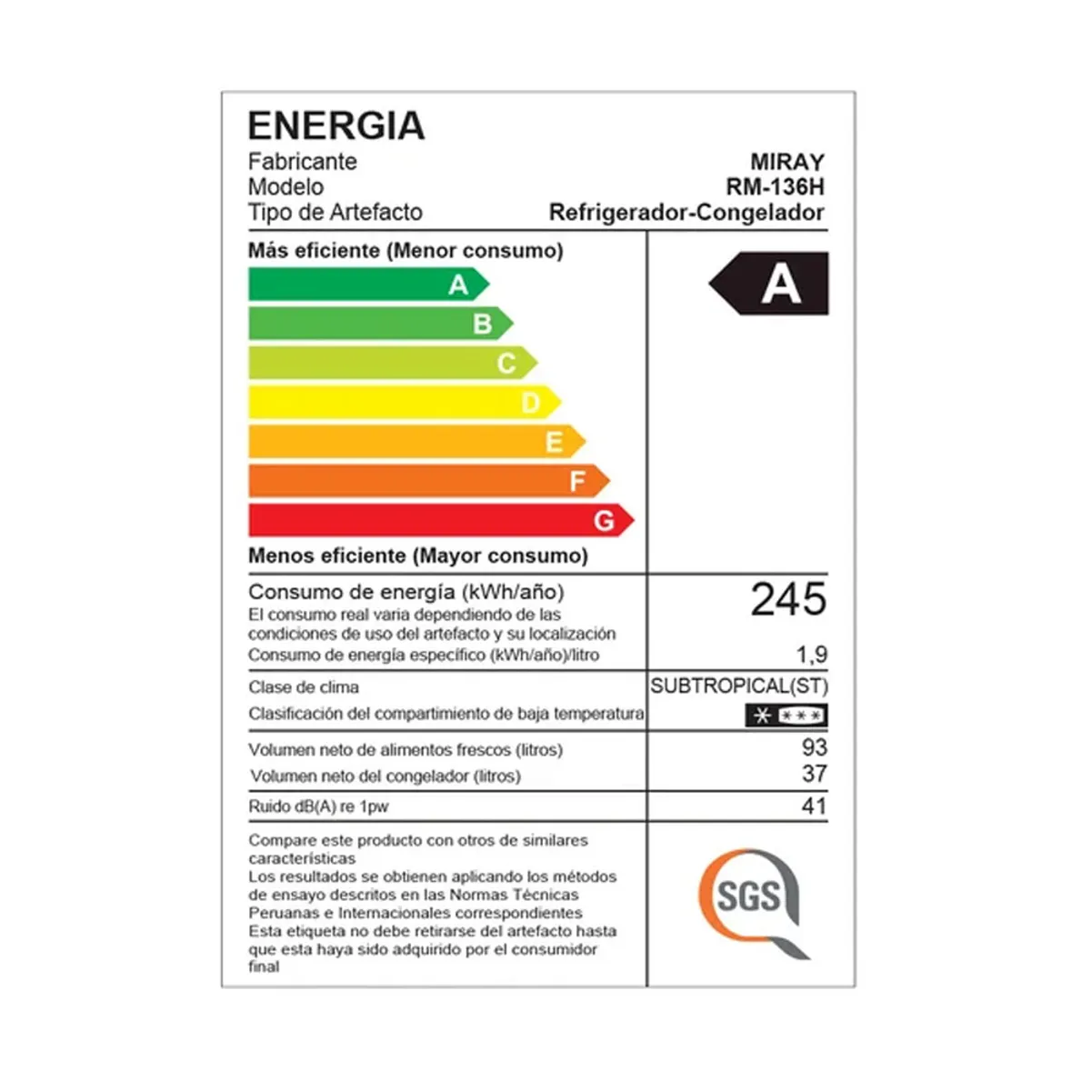 REFRIGERADORA MIRAY RM-136H EUROFRÍO 130L SILVER - 7