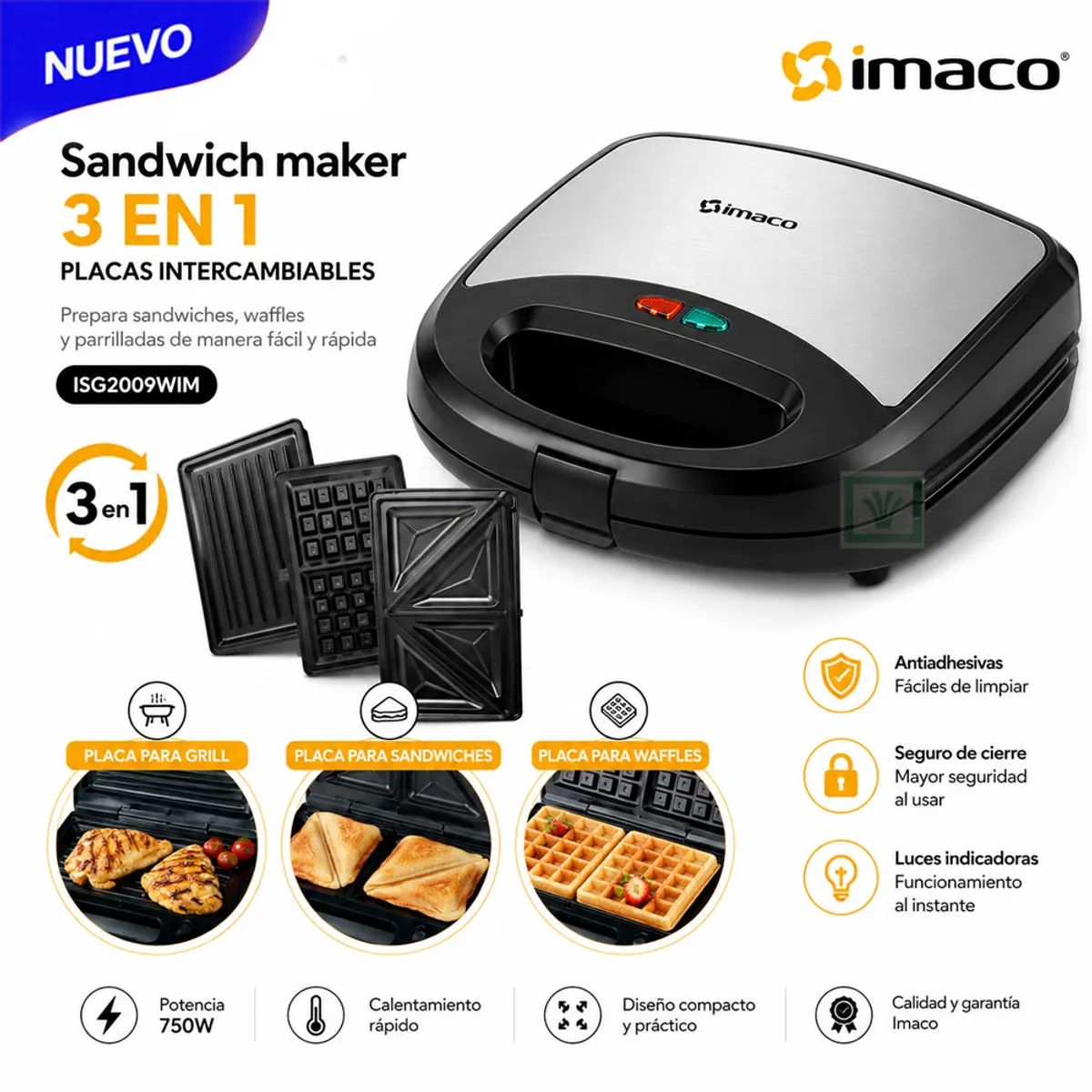 SANDWICHERA WAFLERA GRILL 3 EN 1 750W IMACO ISG2009WM - 1