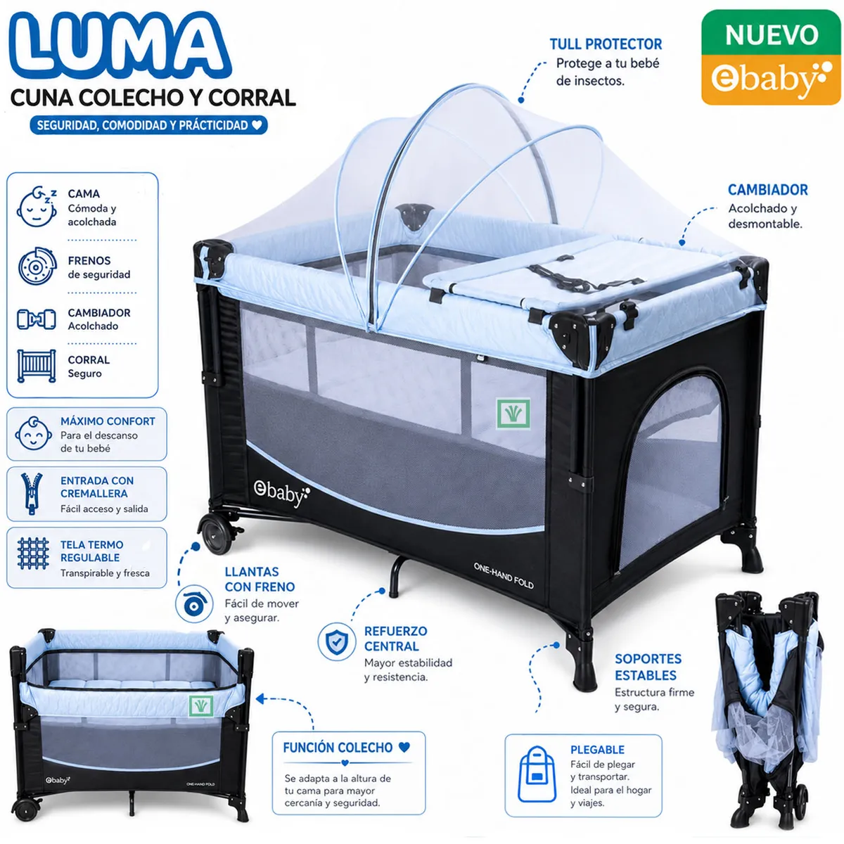CUNA COLECHO LUMA EBABY EB771 AZUL - 1