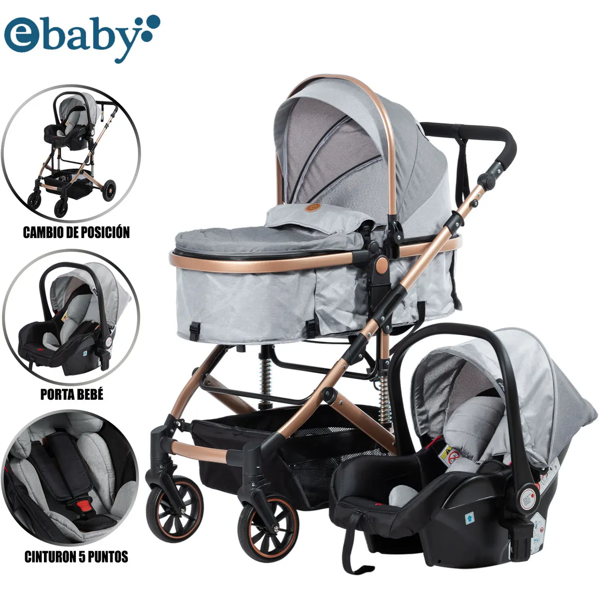 COCHE CUNA MOISÉS DE LUJO «COMFORT» CON PORTA BEBÉ GRIS - 1