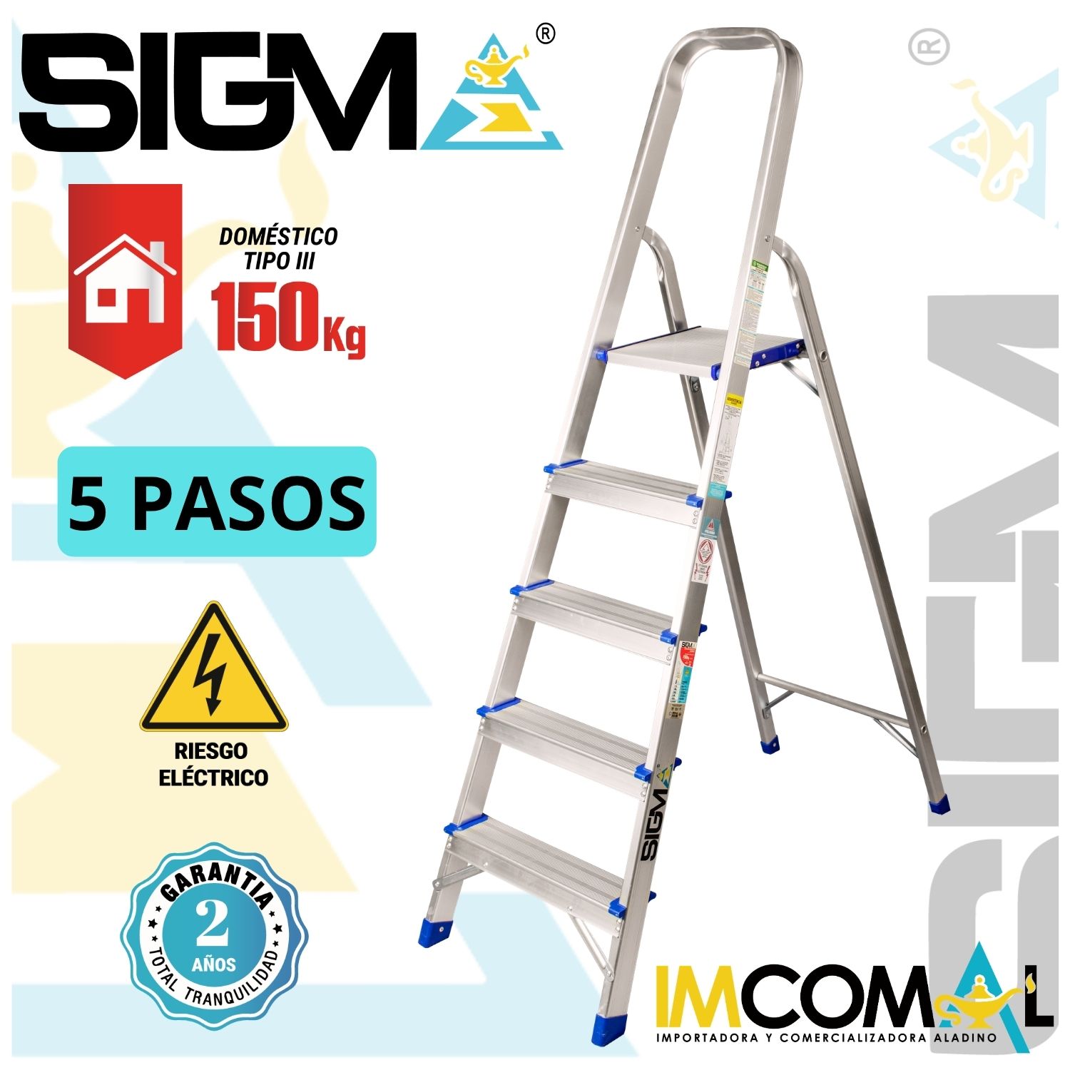 ESCALERA ALUMINIO BANQUETA DE 5 PASOS. CAP. MAX. DE CARGA: 150 KG. TIPO III (DOMESTICA) - 1