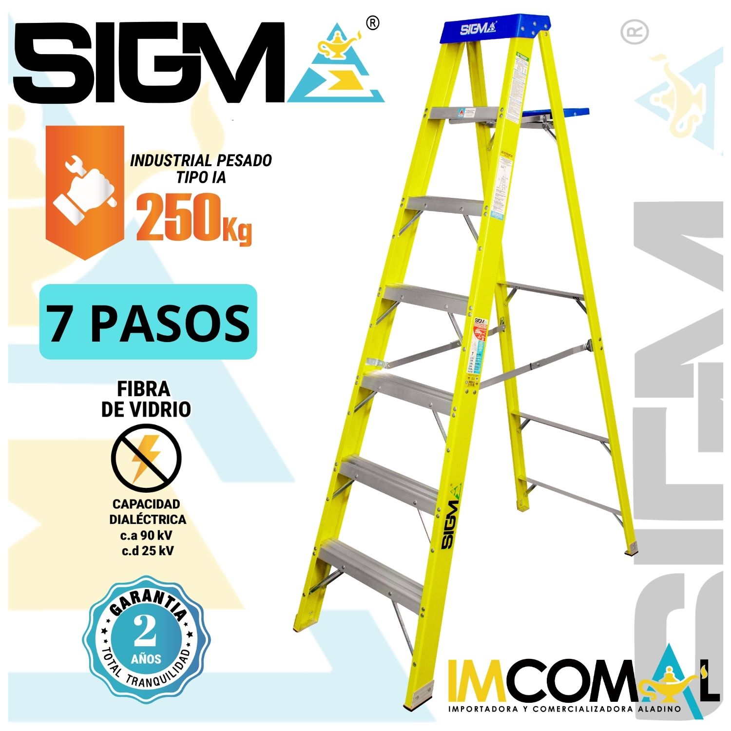 ESCALERA FIBRA DE VIDRIO TIJERA SIMPLE ACCESO DE 7 PASOS. CARGA MAX:250KG. TIPO IA INDUSTRIAL PESADO - 1