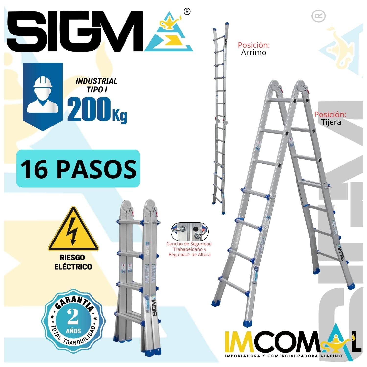 ESCALERA ALUMINIO MULTIPROPÓSITO TELESCÓPICA DE 16 PASOS 4X4. CARGA: 200 KG. TIPO I INDUSTRIAL - 1
