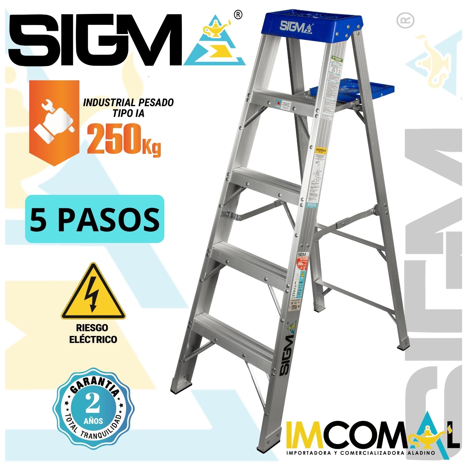 ESCALERA ALUMINIO TIJERA SIMPLE ACCESO DE 5 PASOS. CARGA MAX.: 250 KG. TIPO IA. INDUSTRIAL PESADO - 1