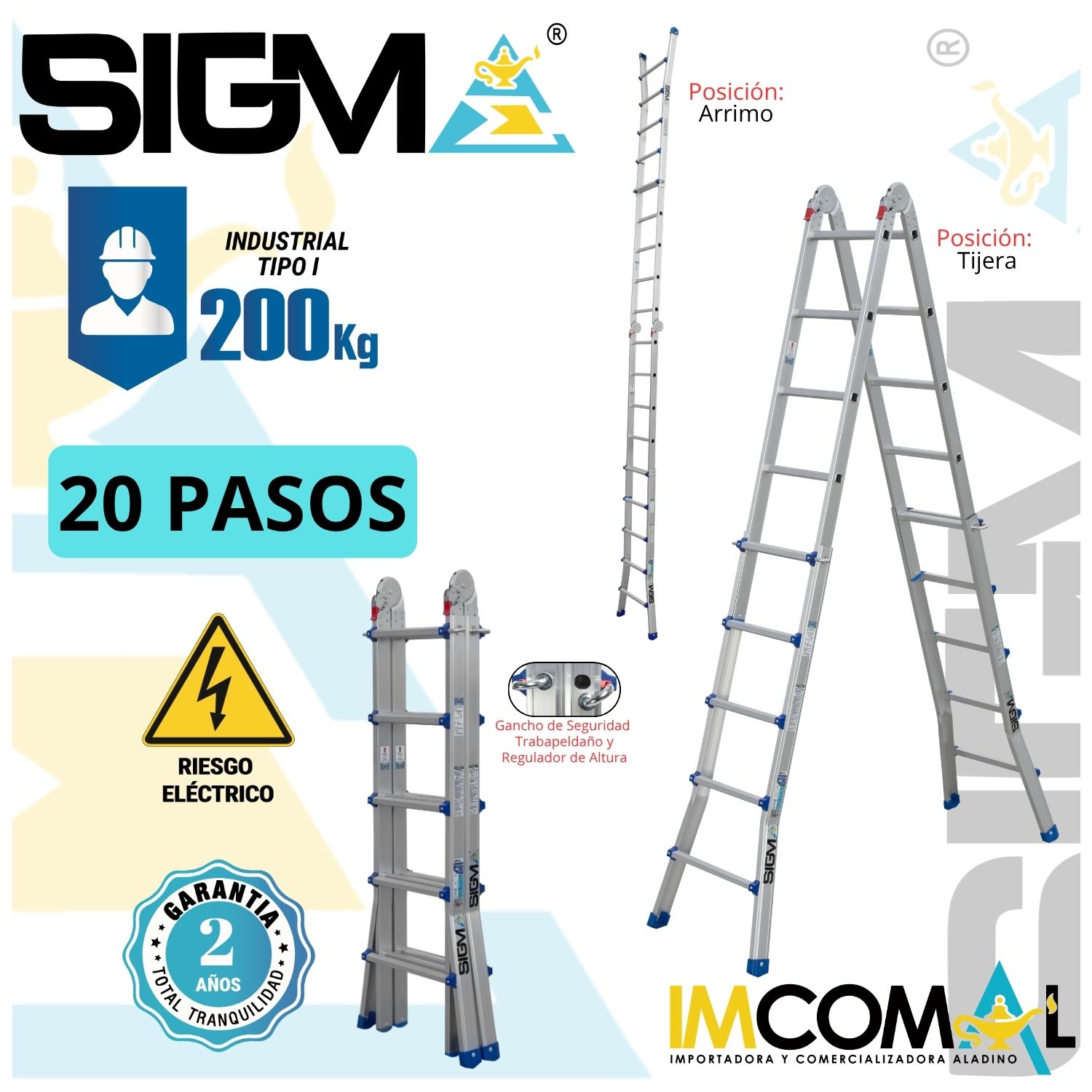 ESCALERA ALUMINIO  MULTIPROPÓSITO TELESCÓPICA DE 20 PASOS 4X5. CARGA: 200 KG. TIPO I INDUSTRIAL - 1