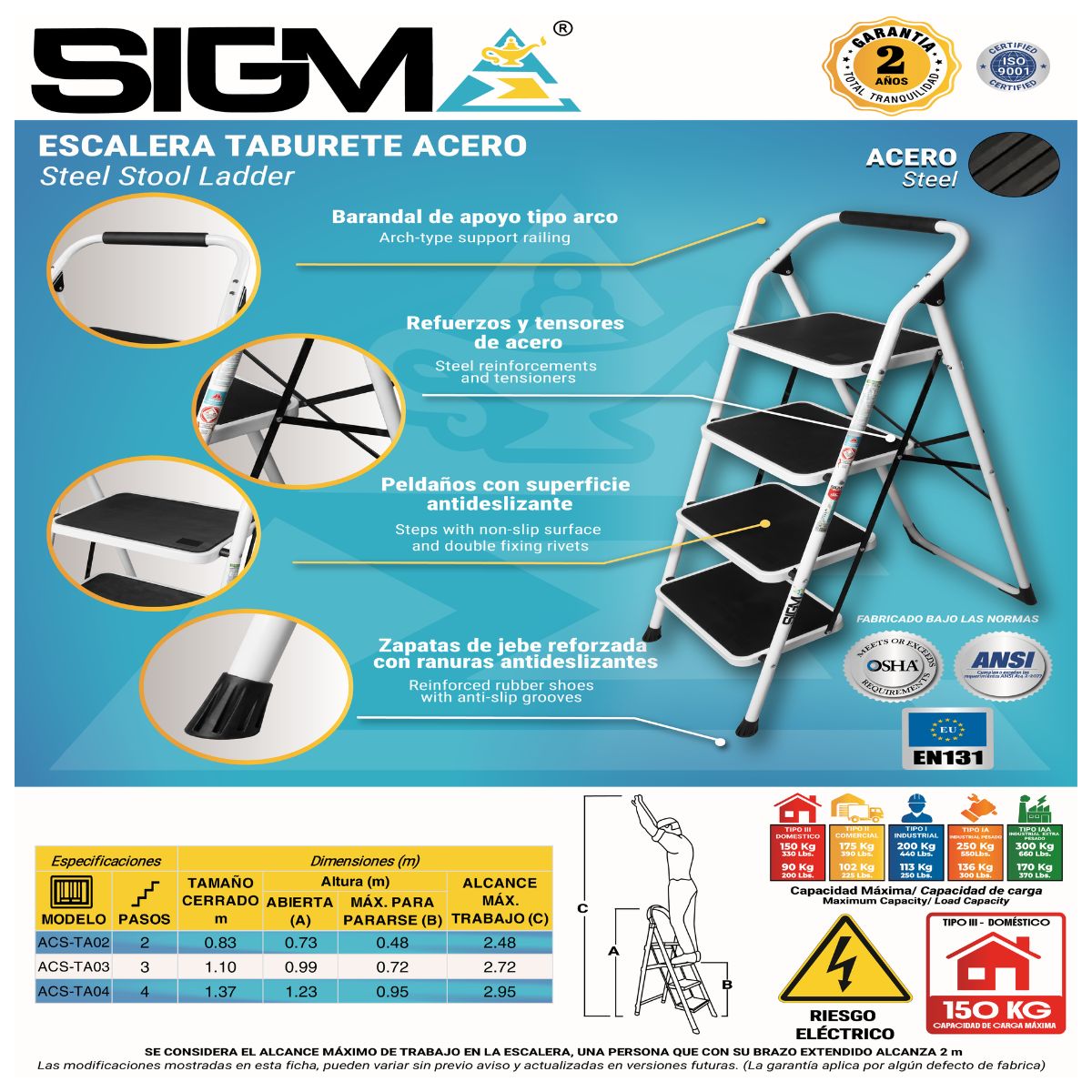 ESCALERA ACERO TABURETE DE 3 PASOS. CAP. MAX. DE CARGA: 150 KG. TIPO III (DOMESTICA) - 2