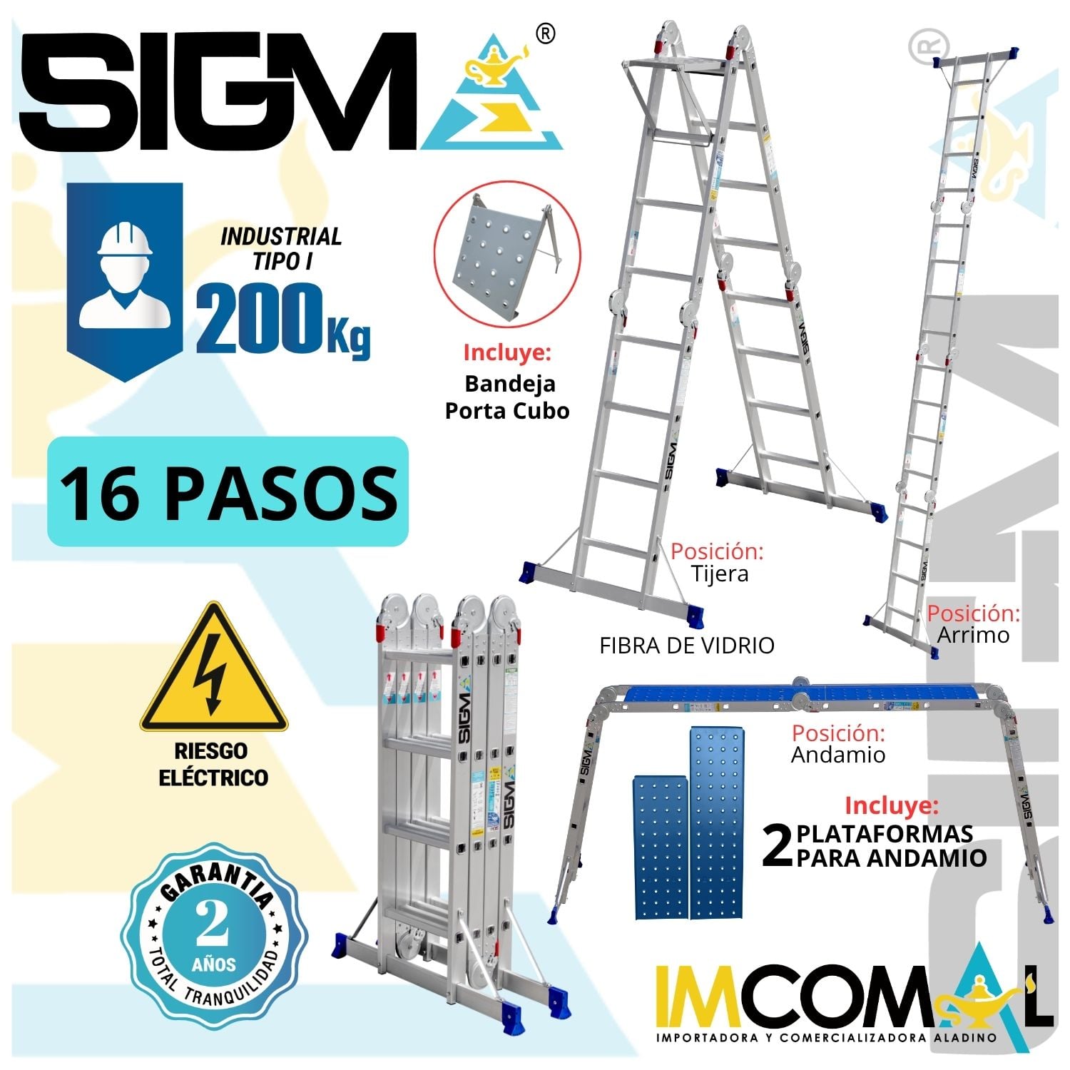 ESCALERA ALUMINIO MULTIPROPÓSITO PESADA DE 16 PASOS 4X4. CARGA MAX.: 200 KG. TIPO I INDUSTRIAL - 1