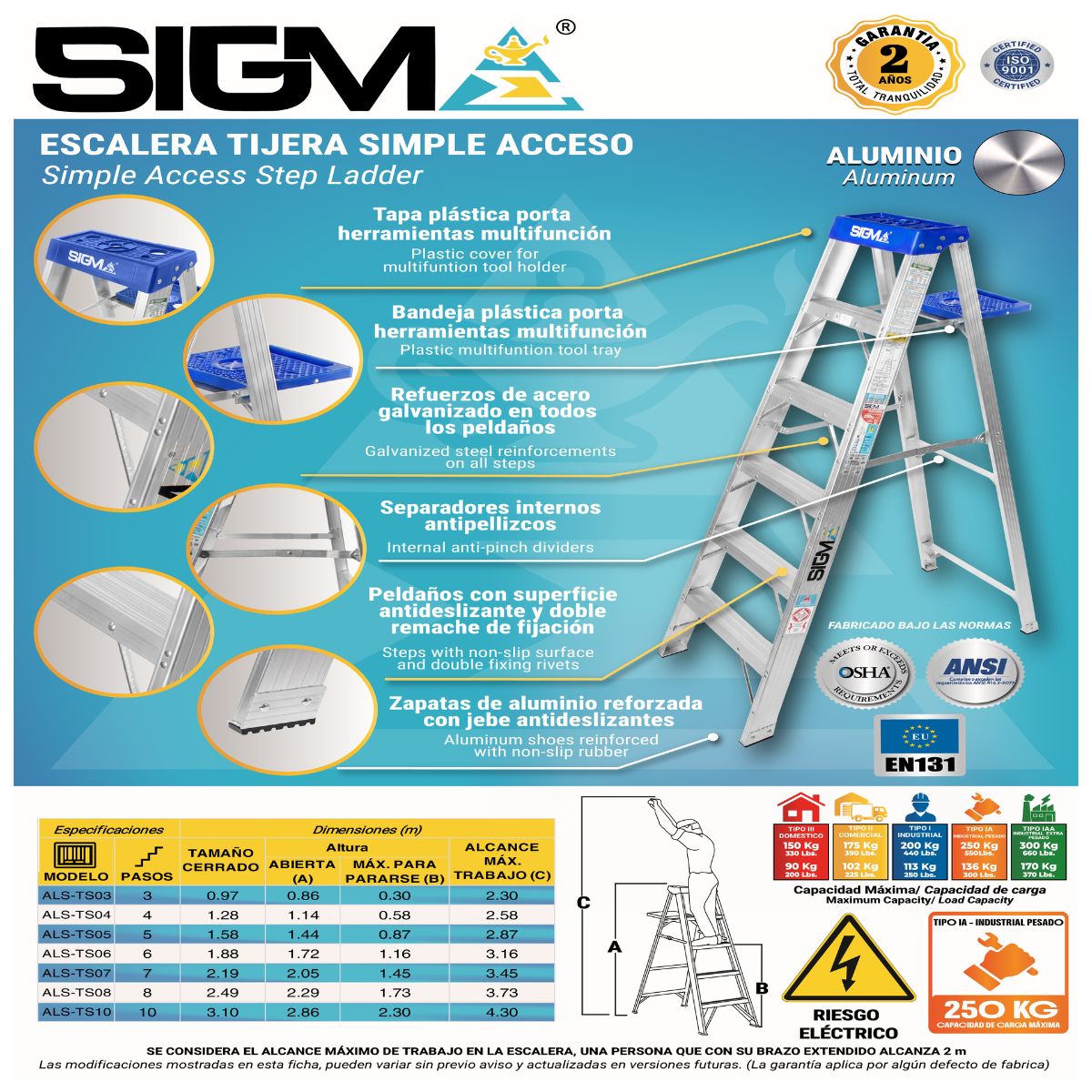 ESCALERA ALUMINIO TIJERA SIMPLE ACCESO DE 6 PASOS. CARGA MAX.: 250 KG. TIPO IA. INDUSTRIAL PESADO - 2