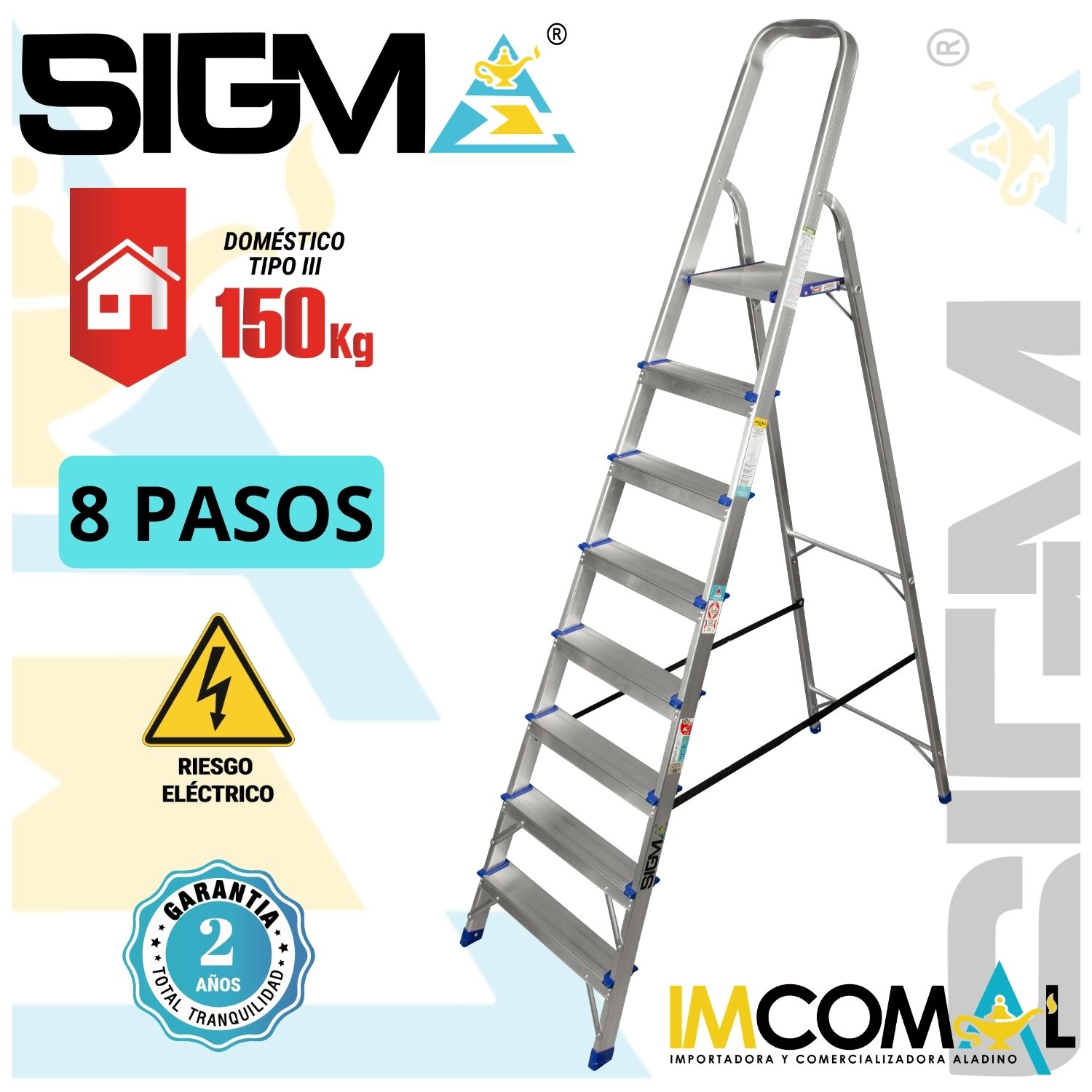 ESCALERA ALUMINIO BANQUETA DE 8 PASOS. CAP. MAX. DE CARGA: 150 KG. TIPO III (DOMESTICA) - 1