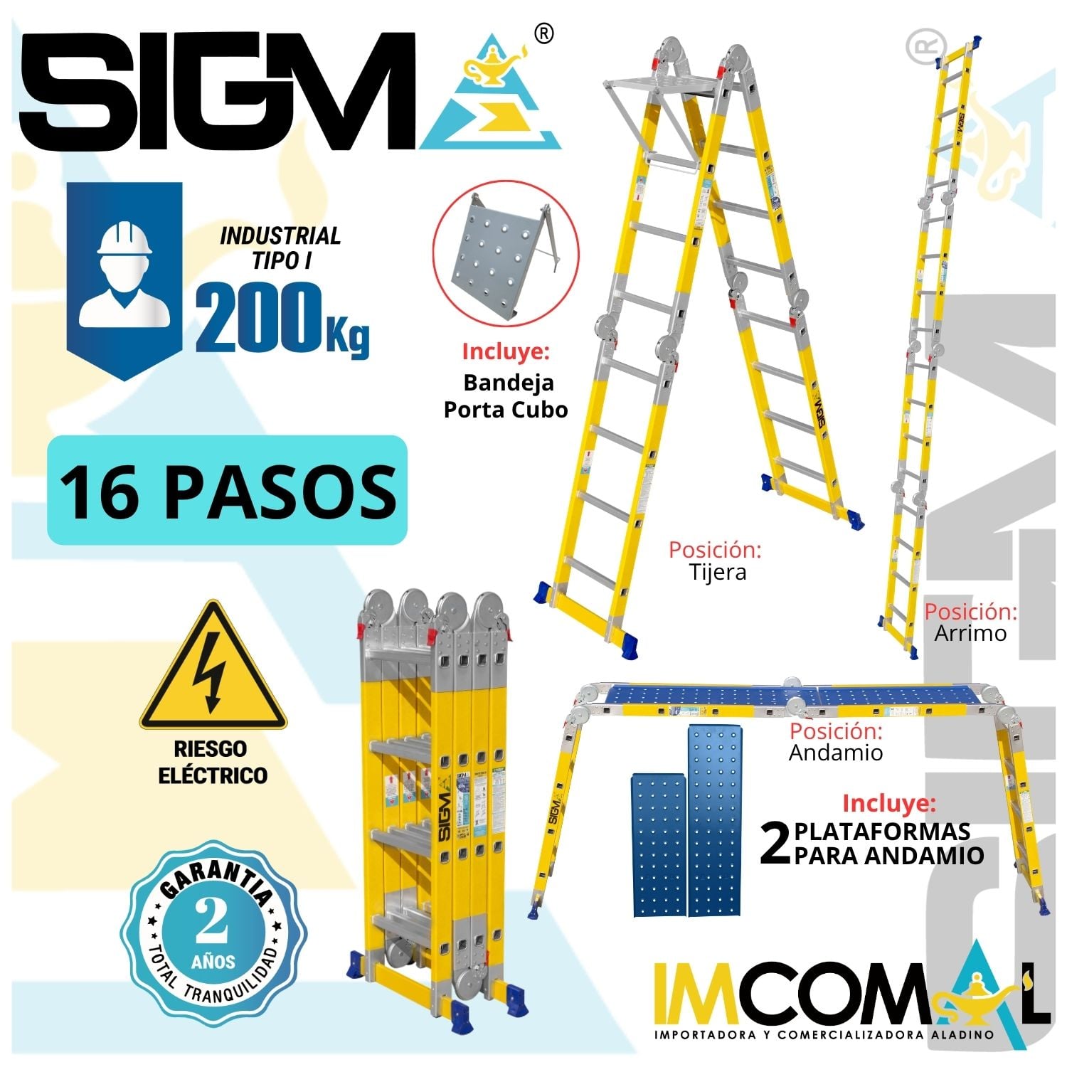 ESCALERA FIBRA DE VIDRIO MULTIPROPÓSITO PESADA DE 16 PASOS 4X4. CARGA MAX: 200KG. TIPO I INDUSTRIAL - 1