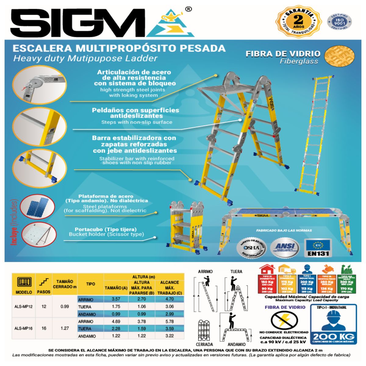 ESCALERA FIBRA DE VIDRIO MULTIPROPÓSITO PESADA DE 16 PASOS 4X4. CARGA MAX: 200KG. TIPO I INDUSTRIAL - 2