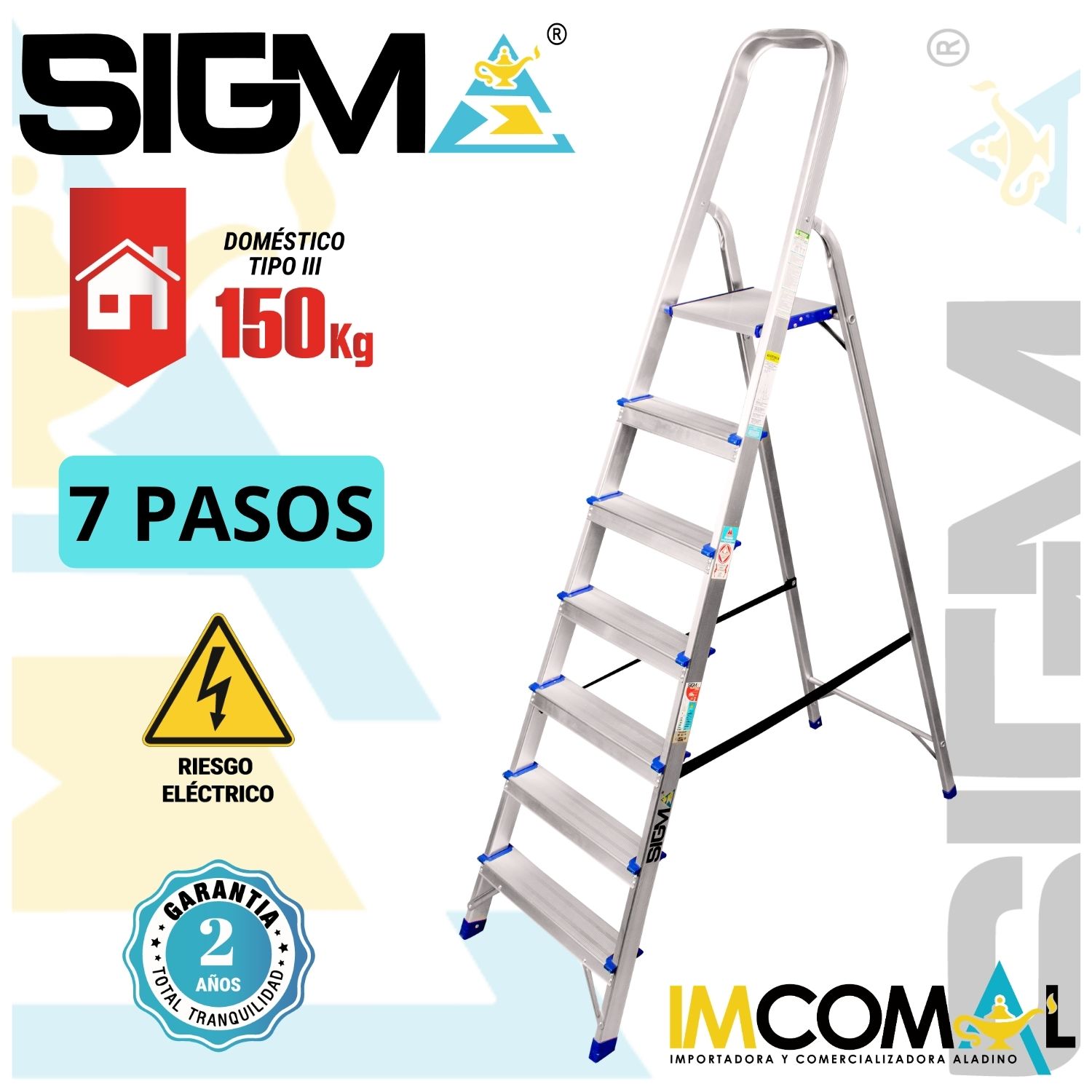 ESCALERA ALUMINIO BANQUETA DE 7 PASOS. CAP. MAX. DE CARGA: 150 KG. TIPO III (DOMESTICA) - 1