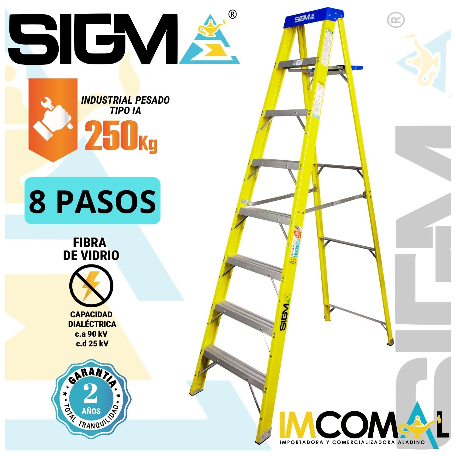ESCALERA FIBRA DE VIDRIO TIJERA SIMPLE ACCESO DE 8 PASOS. CARGA MAX:250KG. TIPO IA INDUSTRIAL PESADO - 1