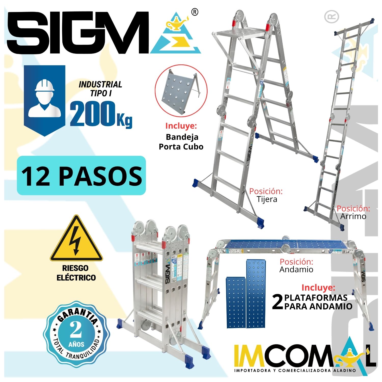 ESCALERA ALUMINIO MULTIPROPÓSITO PESADA DE 12 PASOS 4X3. CARGA MAX.: 200 KG. TIPO I INDUSTRIAL - 1