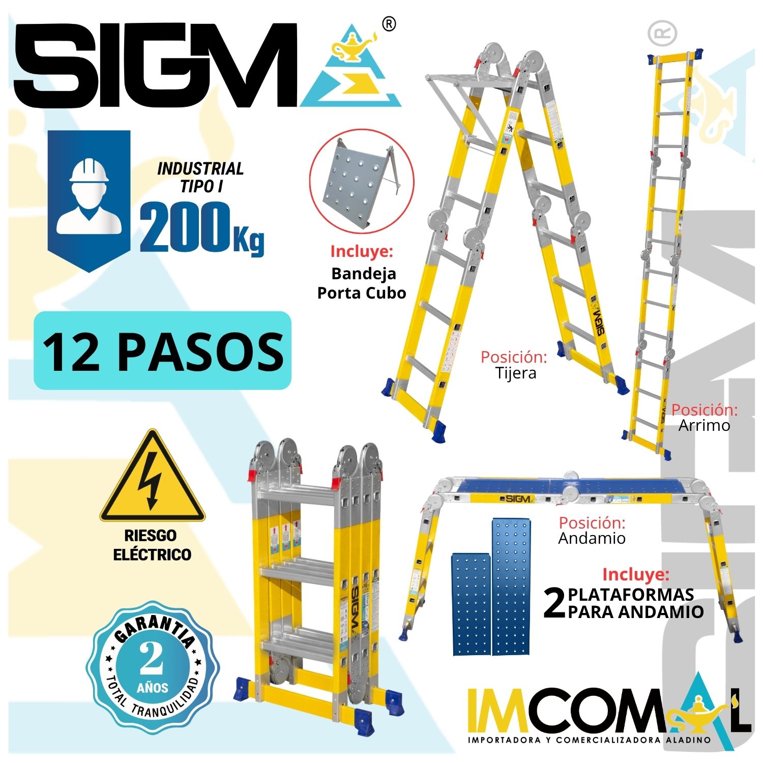 ESCALERA FIBRA DE VIDRIO MULTIPROPÓSITO PESADA DE 12 PASOS 4X3. CARGA MAX: 200KG. TIPO I INDUSTRIAL - 1