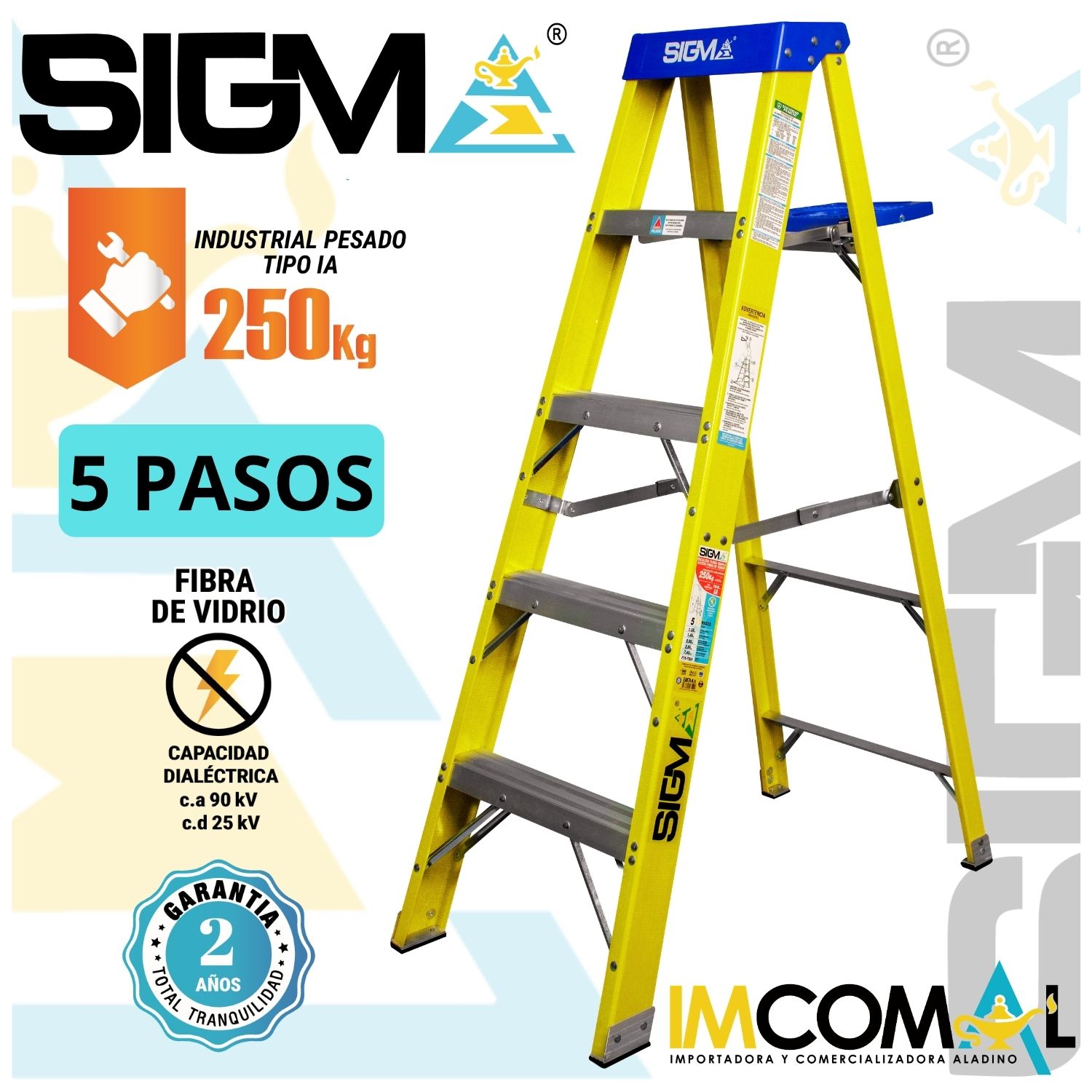 ESCALERA FIBRA DE VIDRIO TIJERA SIMPLE ACCESO DE 5 PASOS. CARGA MAX:250KG. TIPO IA INDUSTRIAL PESADO - 1