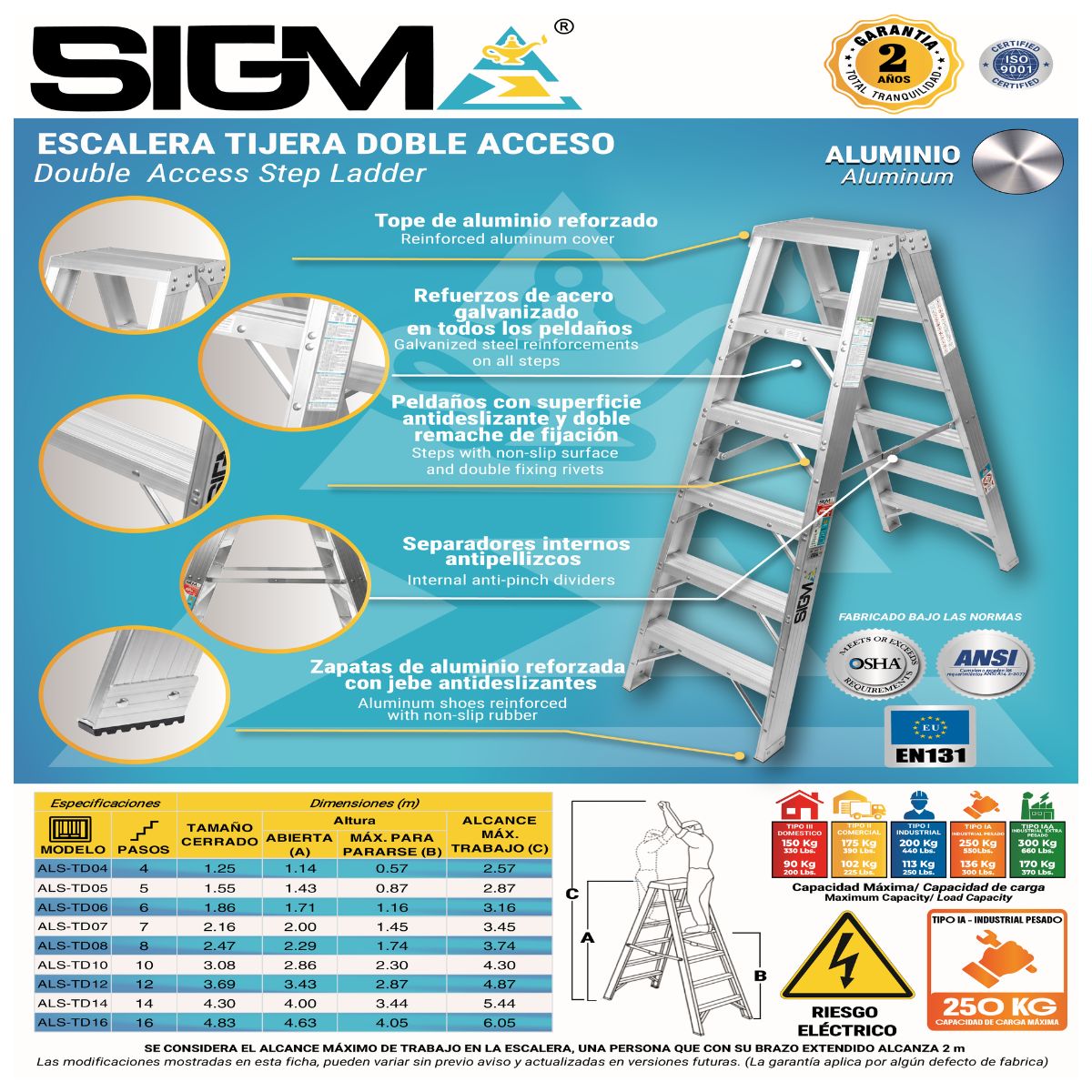 ESCALERA ALUMINIO TIJERA DOBLE ACCESO DE 4 PASOS. CARGA. MAX.: 250 KG. TIPO IA INDUSTRIAL PESADO - 2