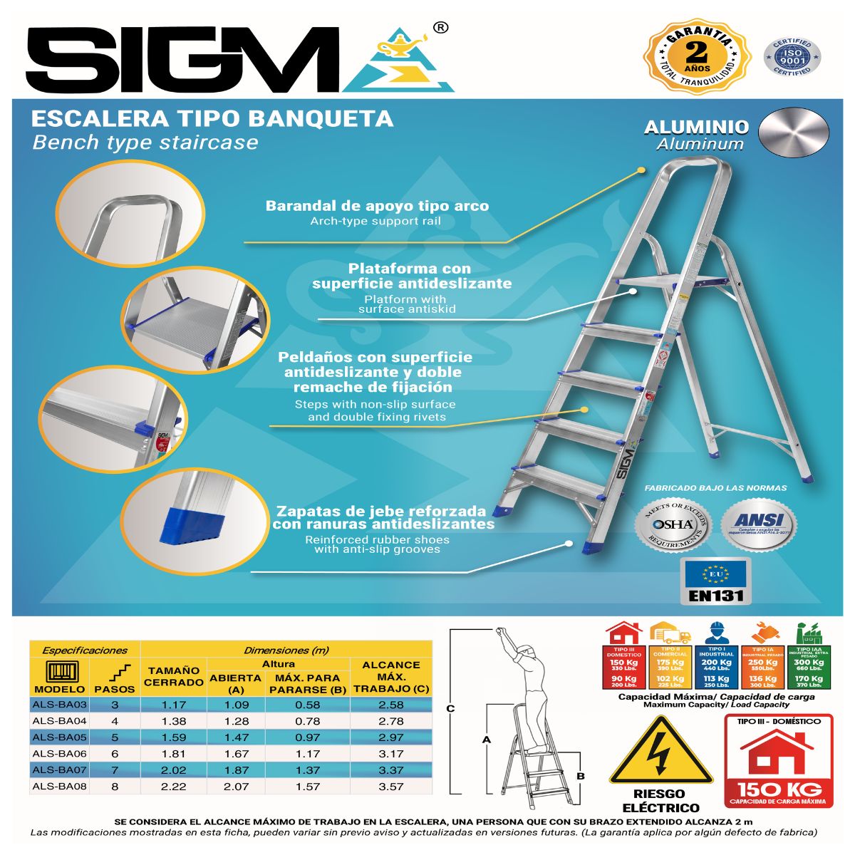 ESCALERA ALUMINIO BANQUETA DE 4 PASOS. CAP. MAX. DE CARGA: 150 KG. TIPO III (DOMESTICA) - 2