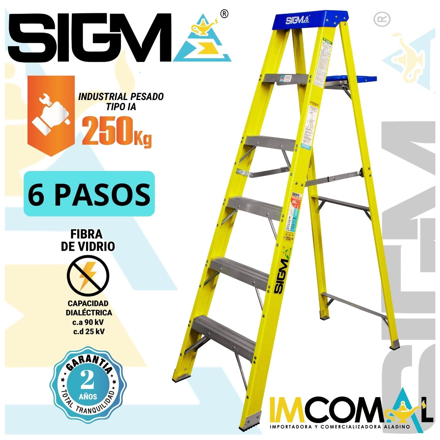 ESCALERA FIBRA DE VIDRIO TIJERA SIMPLE ACCESO DE 6 PASOS. CARGA MAX:250KG. TIPO IA INDUSTRIAL PESADO - 1