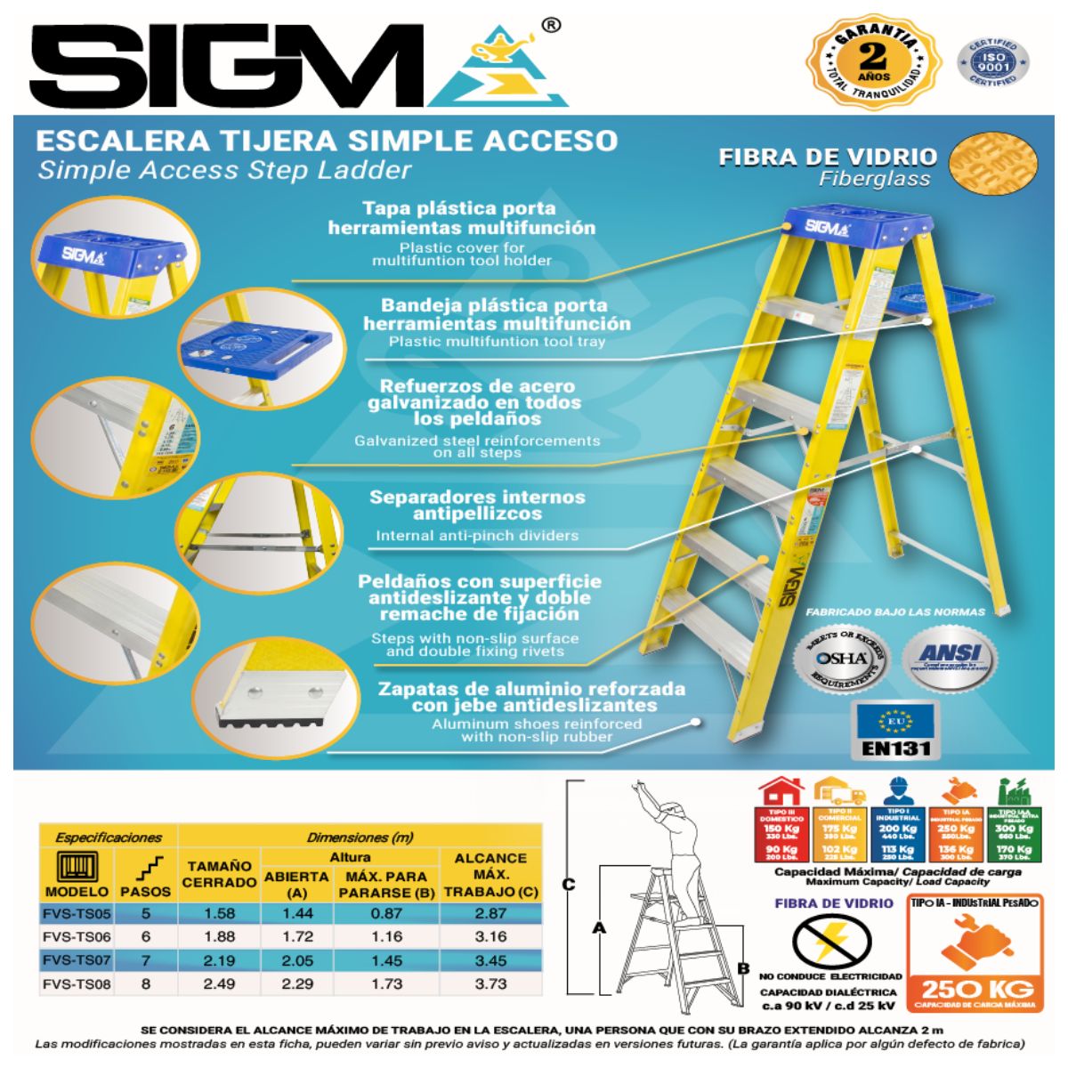 ESCALERA FIBRA DE VIDRIO TIJERA SIMPLE ACCESO DE 6 PASOS. CARGA MAX:250KG. TIPO IA INDUSTRIAL PESADO - 2