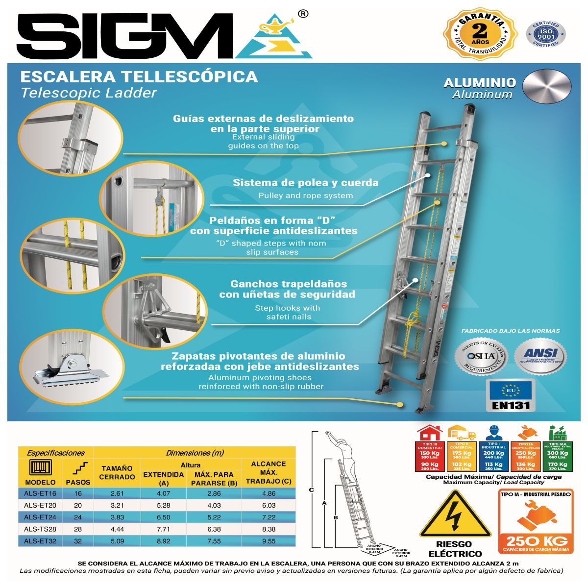 ESCALERA ALUMINIO TELESCÓPICA DE 20 PASOS. CAP. MAX. DE CARGA: 250 KG. TIPO IA (INDUSTRIAL PESADO) - 2