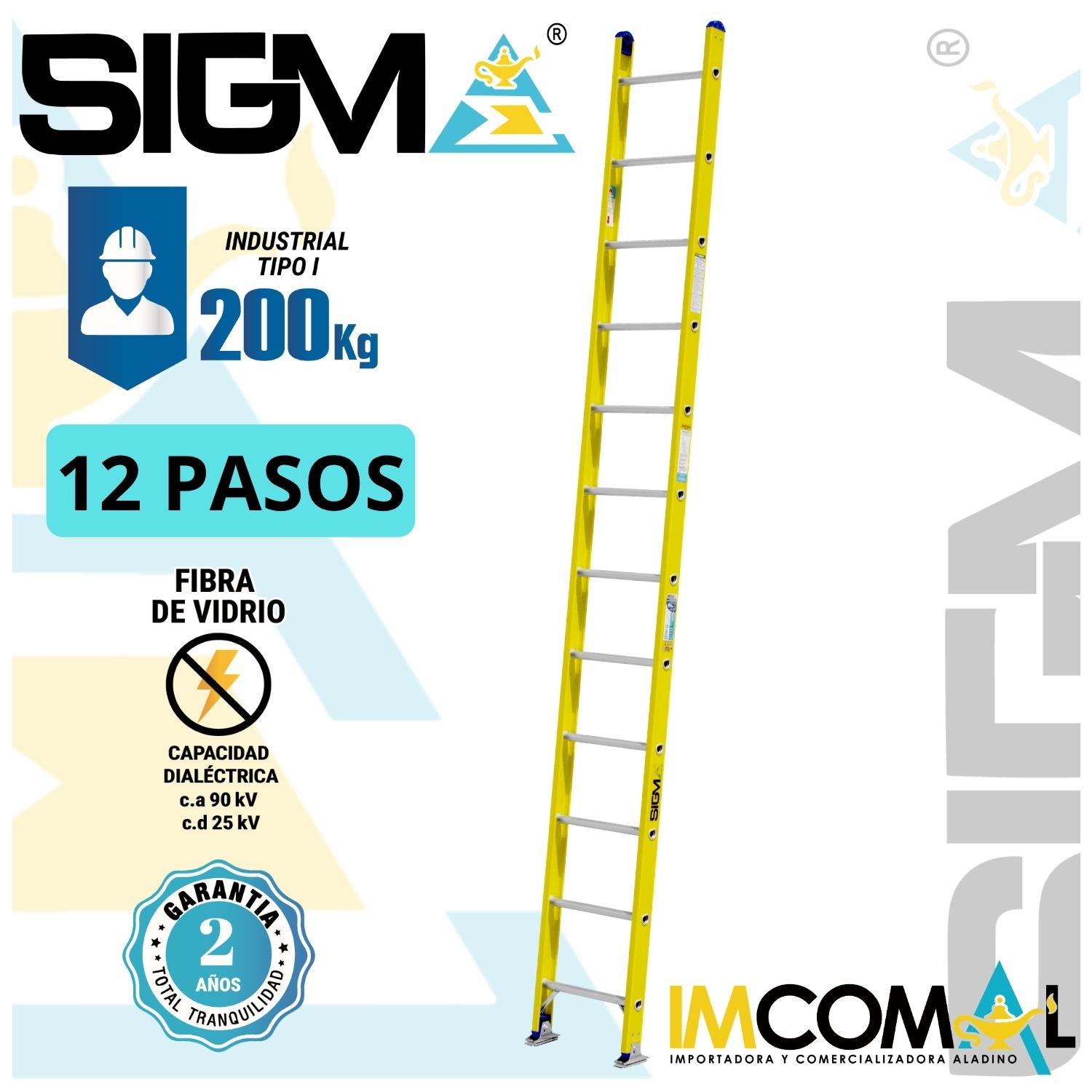 ESCALERA FIBRA DE VIDRIO ARRIMO DE 12 PASOS. CAP. MAX. DE CARGA: 200 KG. TIPO I (INDUSTRIAL) - 1